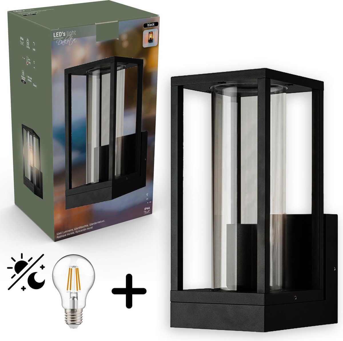 Proventa Glasso LED Wandlamp met Dag- en Nachtsensor - Warm wit Licht - Zwart