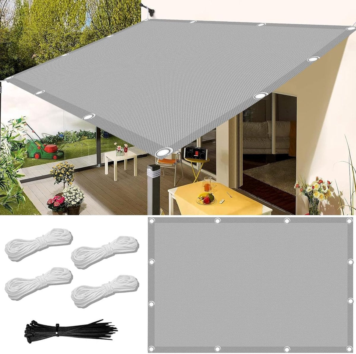 Waterproof rectangular sun sail, 1.5 x 2 m, shade net including fastening cord, tarpaulin, waterproof, sun protection, balcony, no drilling, for balcony, terrace and garden.