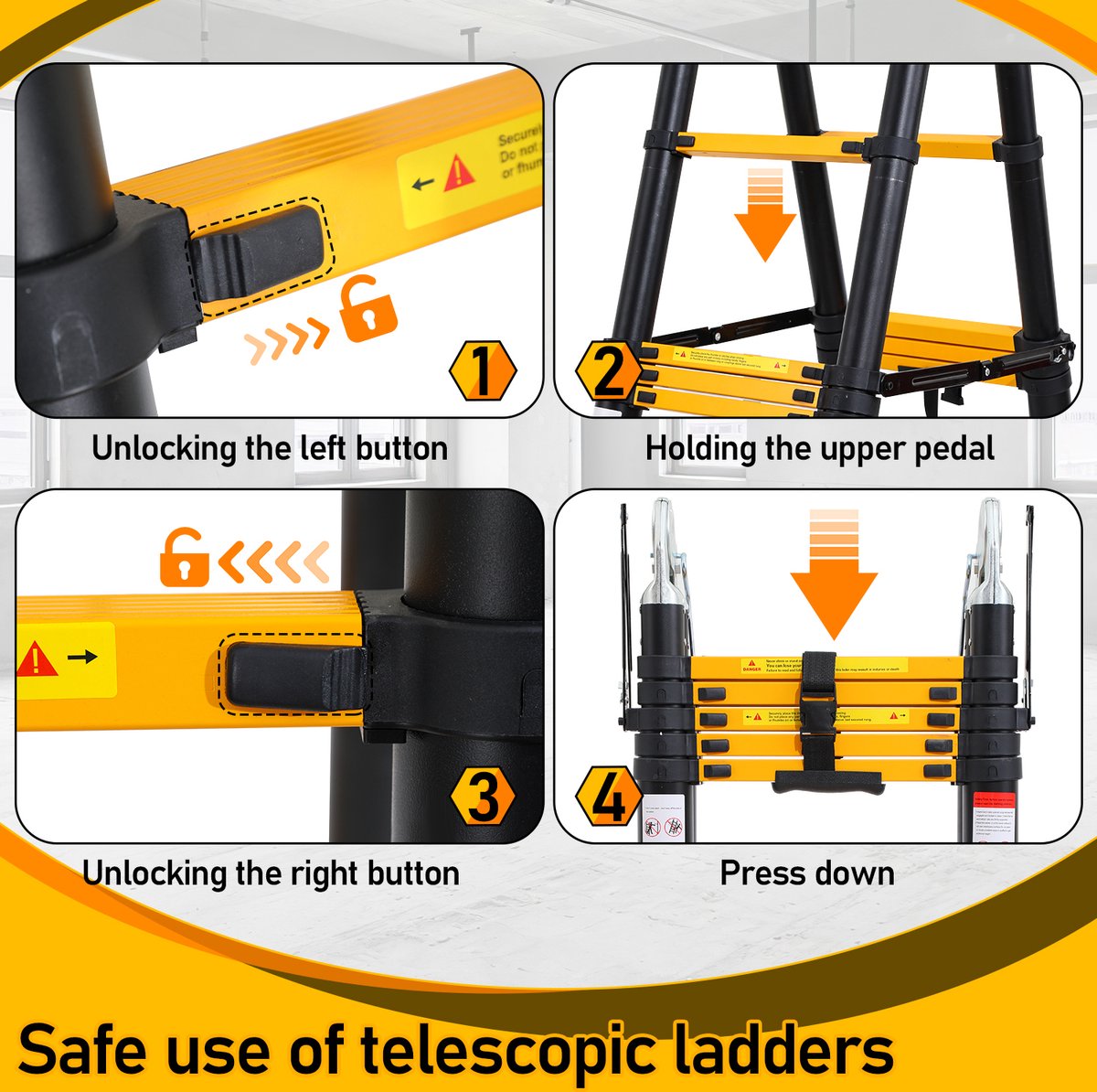 Telescopische vouwladder Telescopische ladders Werkhoogte 1,9+1,9 m - Geelachtig zwart met stabilisator