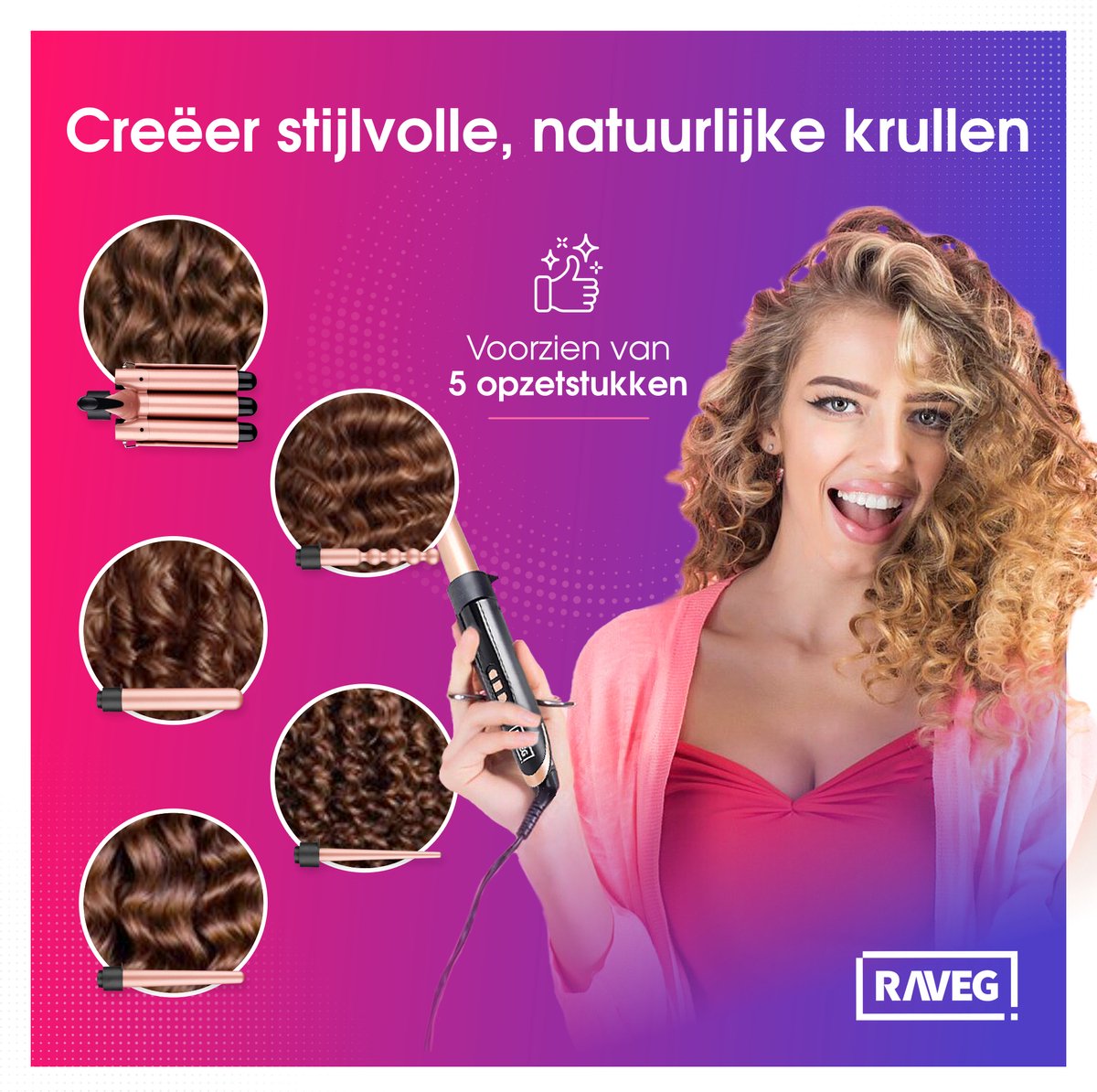 Keramische krultang met opzetstukken Wafeltang Waver Golvenkrultang - Curling Iron - 9 tot 32mm - Meerdere kleuren - RAVEG
