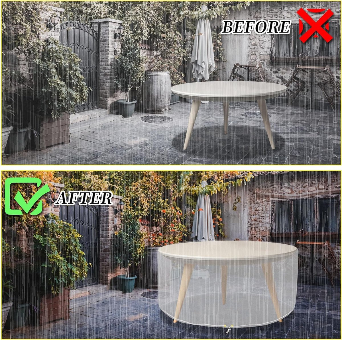 Garden furniture covers, waterproof round garden table cover, 163 x 71 cm diameter, transparent polyethylene outdoor cover, table and chair protection