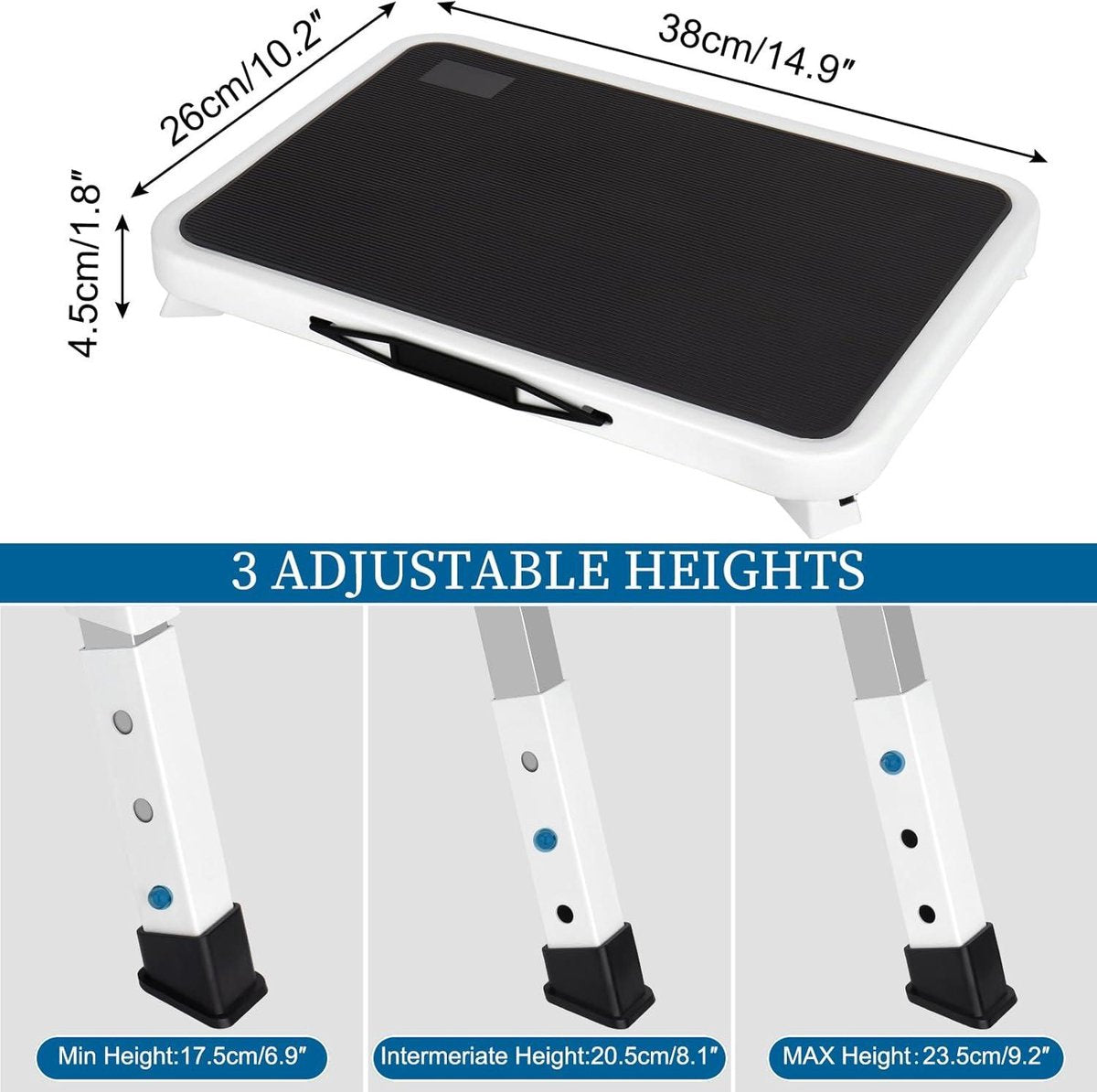 Step stool 3-step height adjustable - anti-slip platform - foldable - office kitchen bedroom - 25 x 38 cm - white