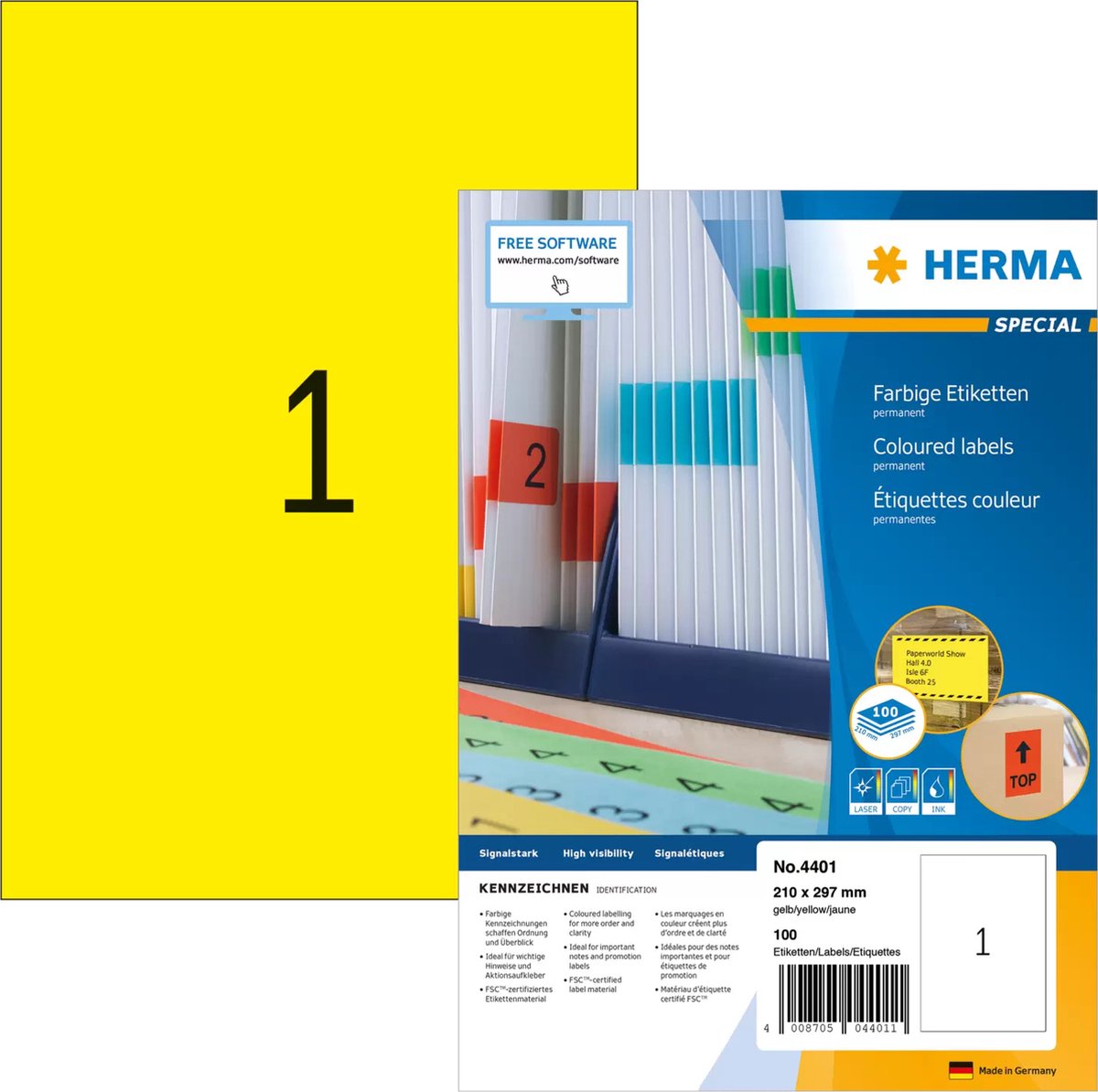 Herma gekl. etik. geel 210x297 100 vel DIN A4 100 stuks 4401