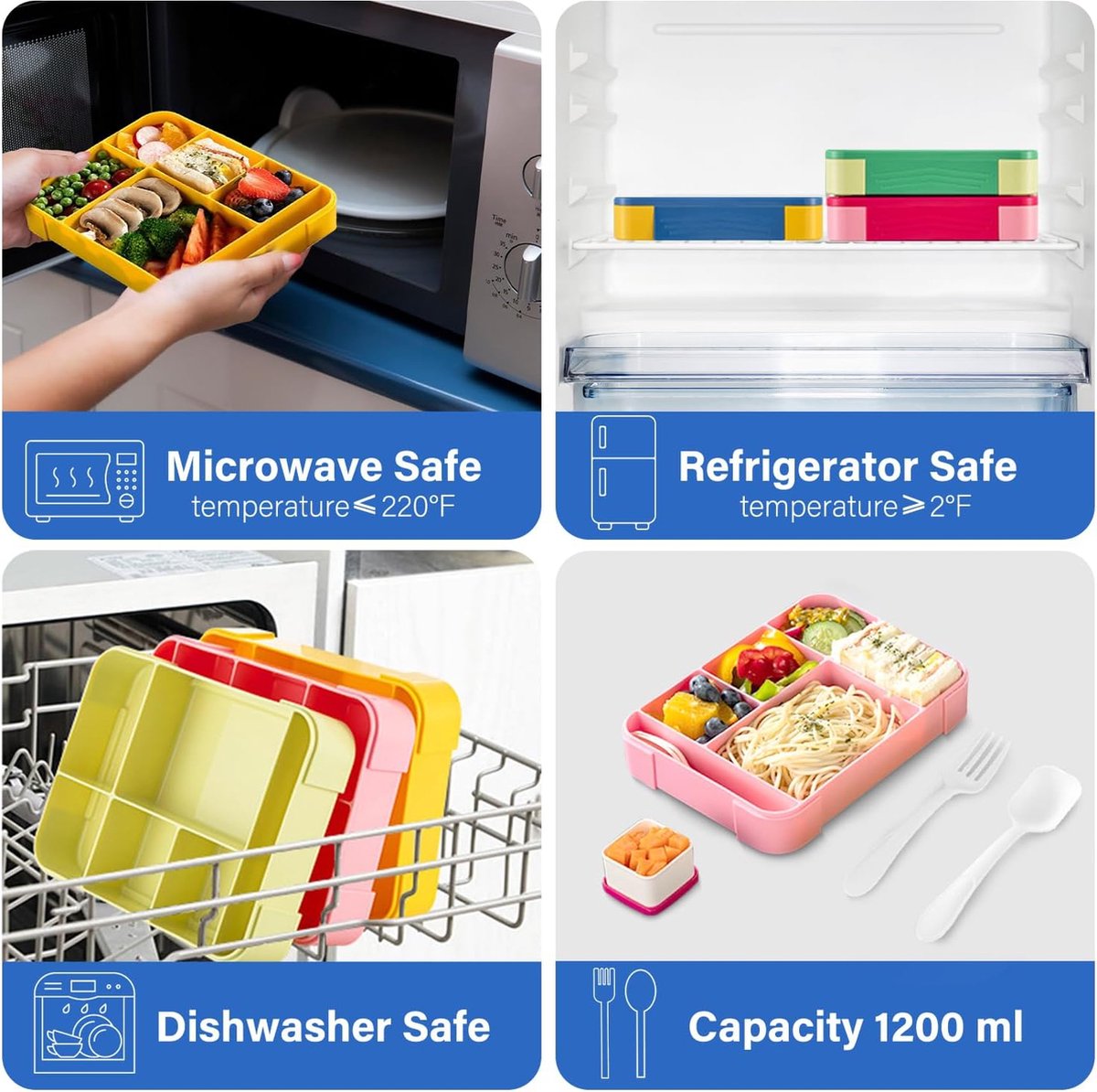 Lunchbox 1300 ml, lekvrij, broodtrommel voor kinderen met 5 vakken en bestekset, BPA-vrij, broodtrommel voor kinderen en volwassenen, voor magnetron, vaatwasser (blauw-geel)