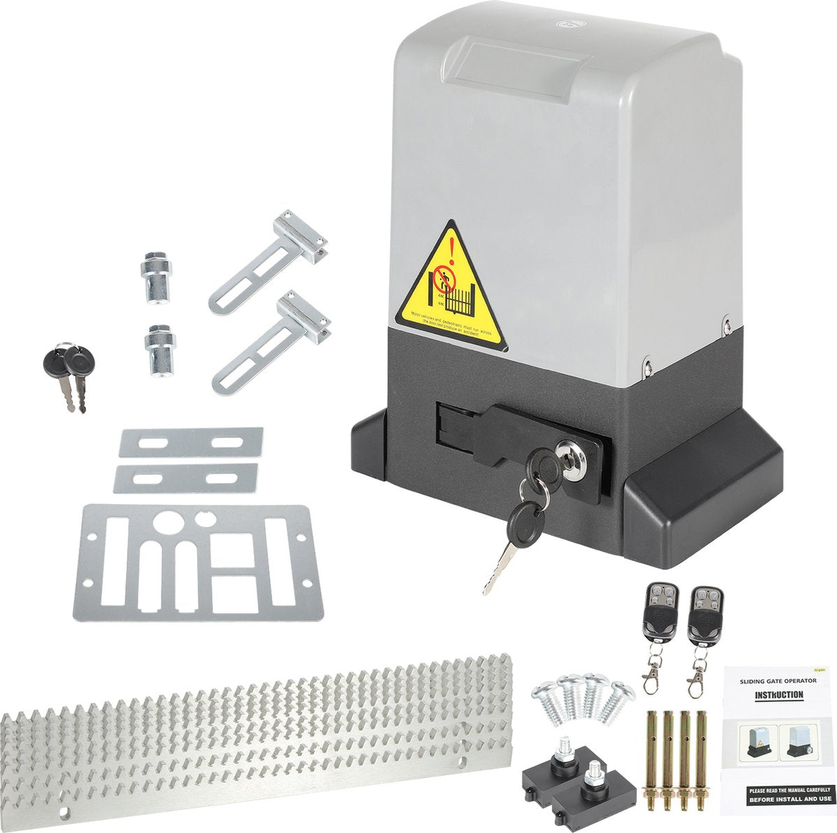 Schuifpoortopener 750W Poortautomatisering - Voor schuifpoorten tot 12 m en max. 1600kg 2 afstandsbedieningen 8 x tandheugels (elk 50 cm) 2x infraroodsensoren - Grijze aandrijving Met afstandsbediening + sleutel