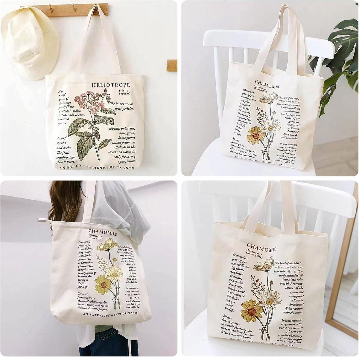 Printed chamomile fabric bags - cotton, jute - women's shopping bag - aesthetic canvas tote bag - leisure shopper tote bag with zipper