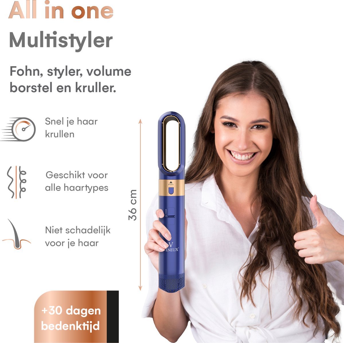 VENEUX® Föhnborstel - Airstyler - Krulborstel - Krultangen - 5-in-1 Multistyler – Blauw Met Goud
