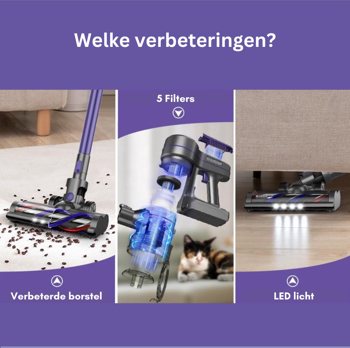 Steelstofzuiger Draadloos - Stofzuiger - Zakloos op Accu - 3 Verschillende Opzetstukken - Kruimelzuiger - 180W