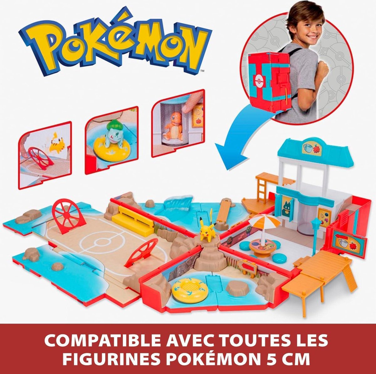 Rugzak van de strandtrainer - Pokémon-speeluniversum - minispellen - speelplaats op het strand - Pikachu figuur - speelgoedset - kinderen.