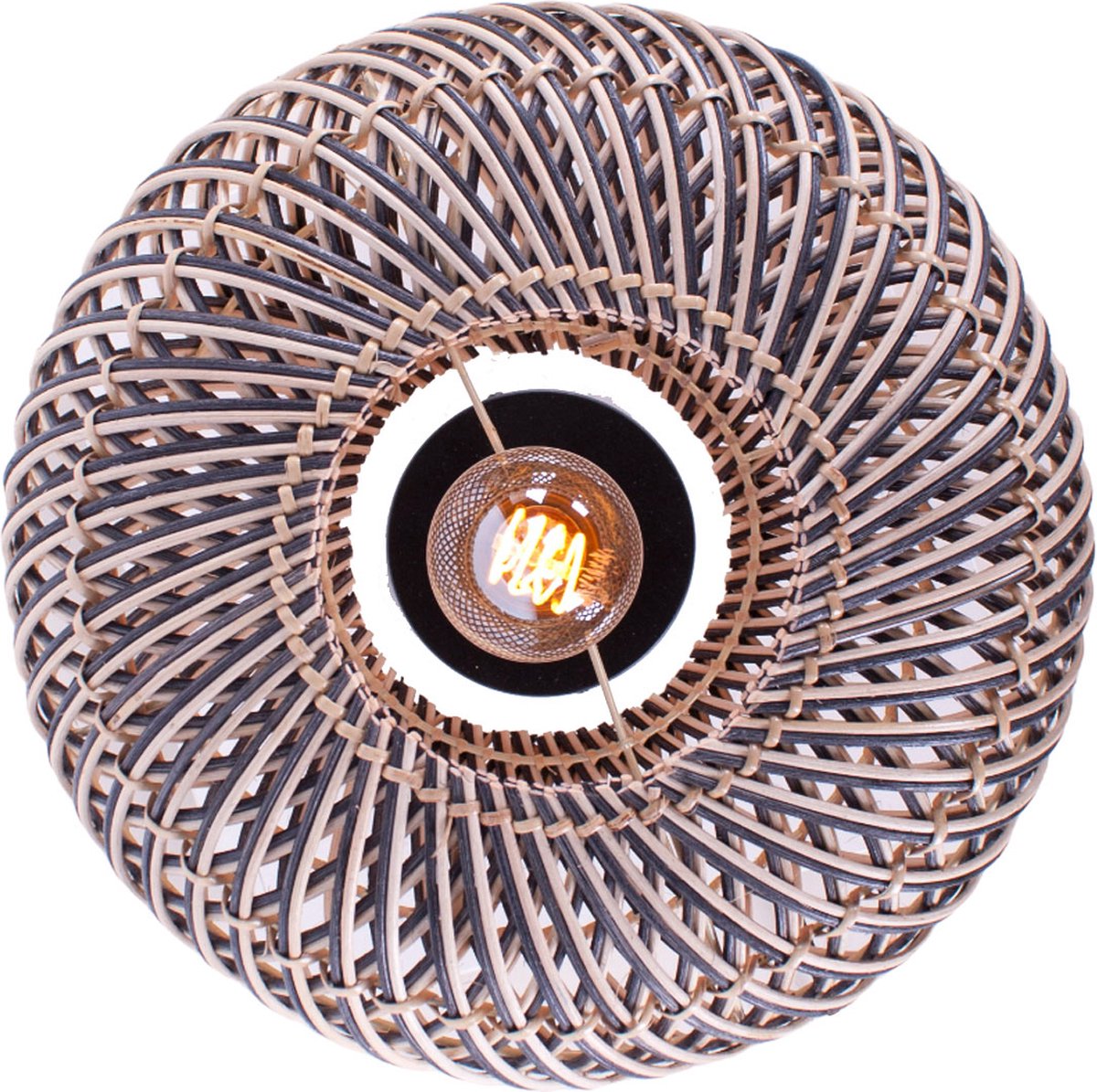 Rotan plafondlamp Stripes | 1 lichts | zwart / naturel | rotan / metaal | Ø 30cm | eetkamer / eettafel / woonkamer lamp | modern / landelijk design