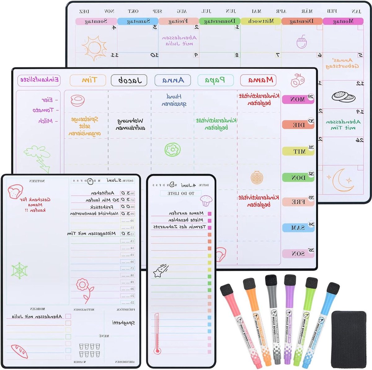 Whiteboard Familieweekplanner Maandplanner Dagplanner To-Do-Lijst - Afwasbaar Magneetbord voor Koelkast - Maandkalender Memobord Afsprakenplanner in het Duits - Magnetisch