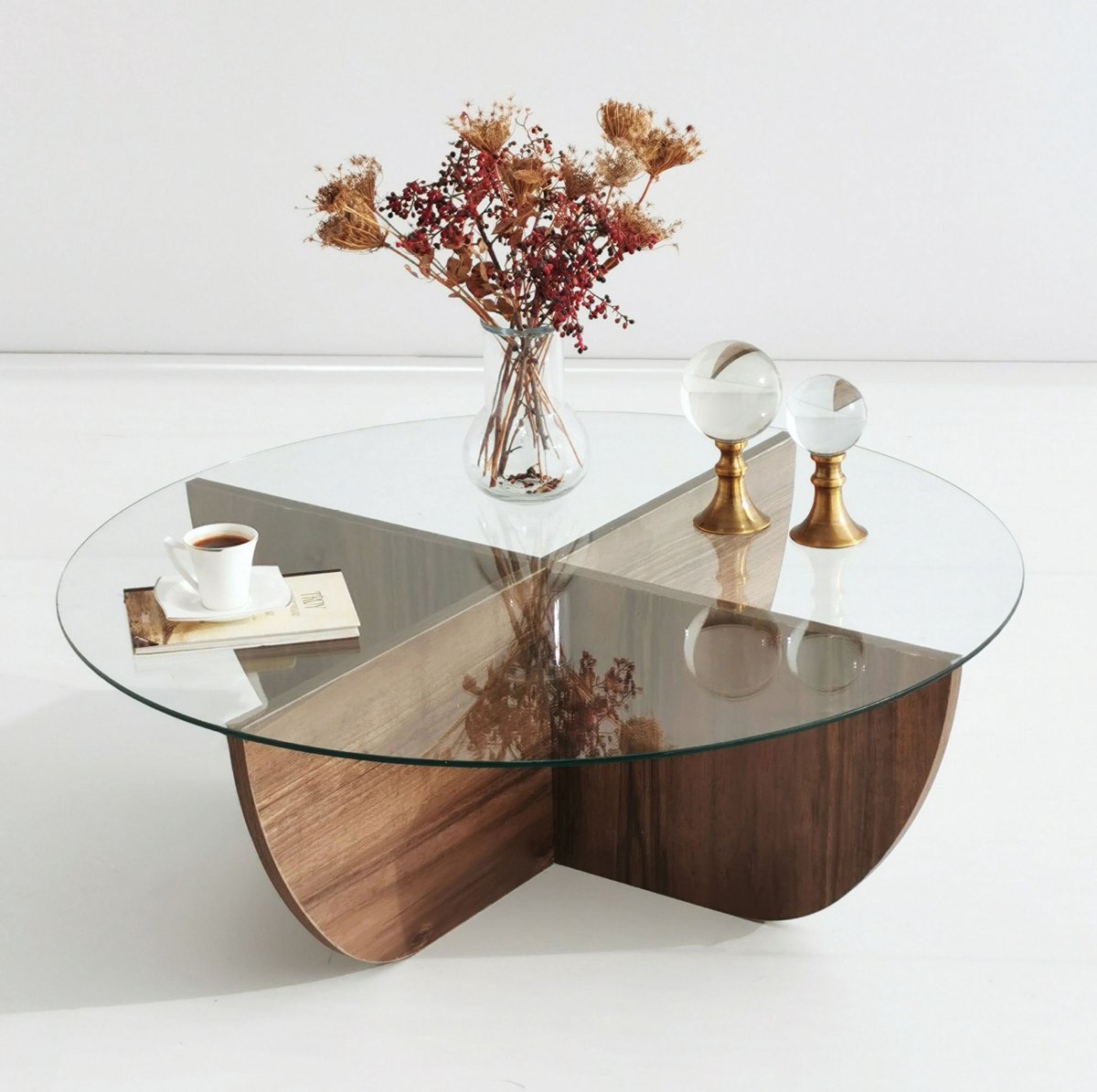 Salontafel halfrond glas hout - walnoot - 90x30 cm - gehard glas - Retro - bijzettafel rond glas