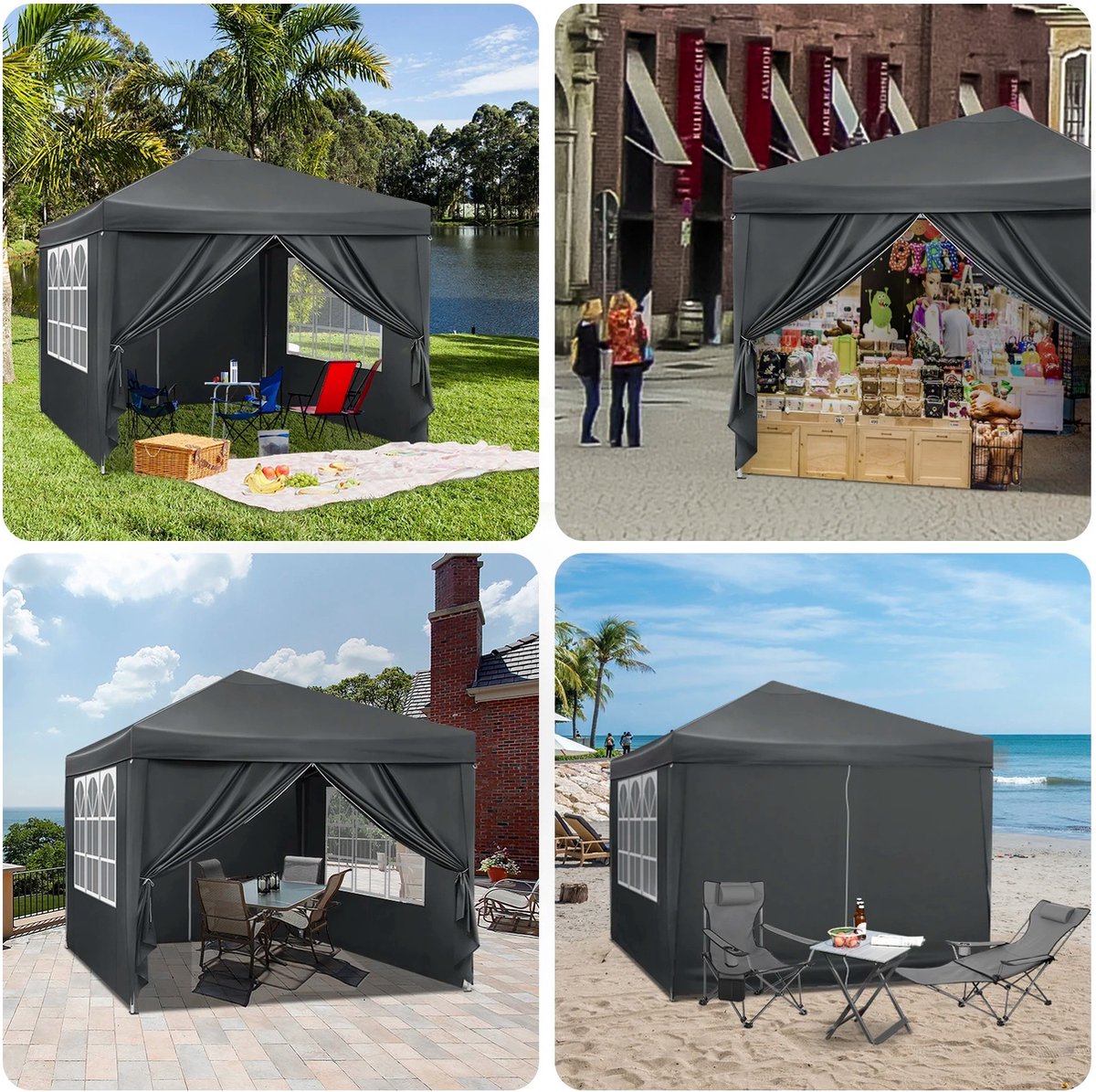 J&R Partytent - Paviljoen - Opvouwbare Luifel - Tuintent - Waterdicht - UV Bescherming - met Draagtas - Pavillon - Prieel - Zijpanelen - 3x3m - Grijs