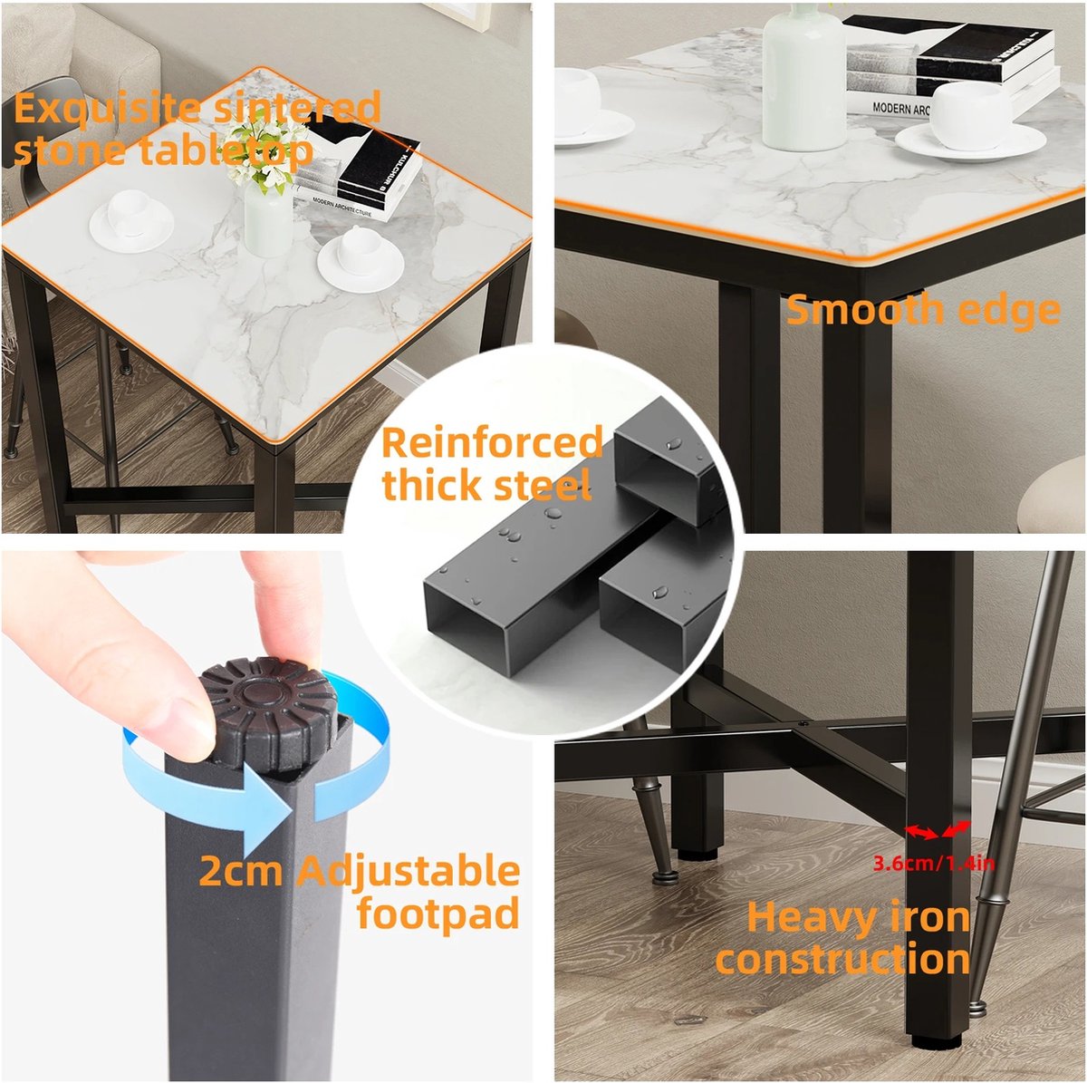 SPARK JOY® - Vierkante Bartafel - 105cm hoog - Stenen Blad - Wit Marmer - Voor Eetkamer, Keuken of Kantoor