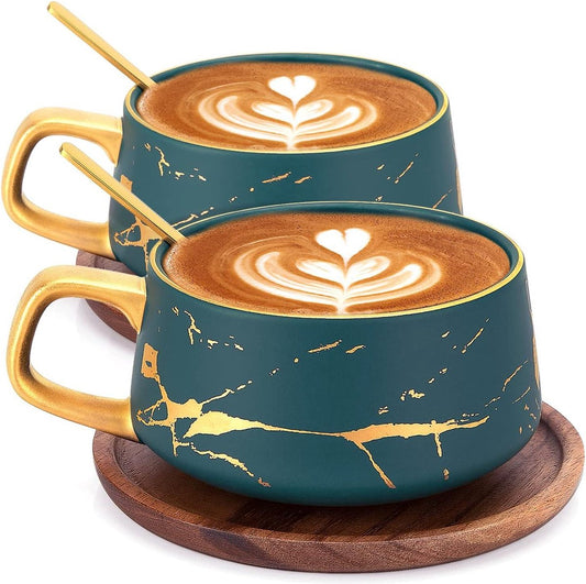Set van 2 espressokopjes 300 ml cappuccinokopjes marmeren koffiekopjes met schoteltje porselein groen. Koffiekopjes set van 6.