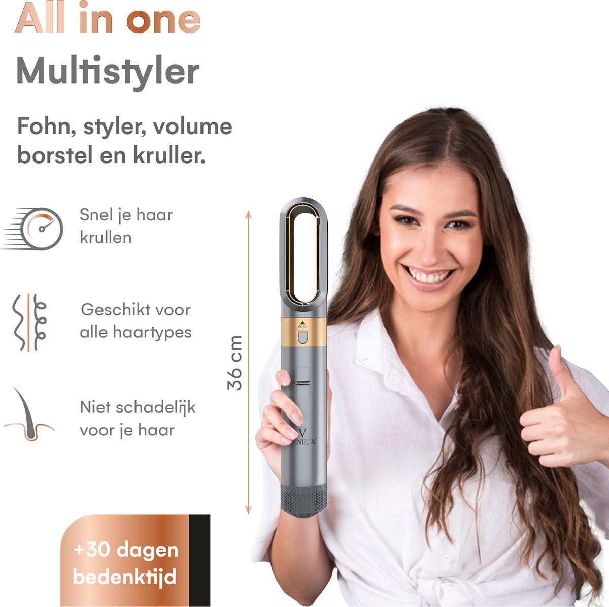 VENEUX® Föhnborstel - Airstyler - Krulborstel - Krultangen - 5-in-1 Multistyler - Met Opbergcase - Grijs met Goud