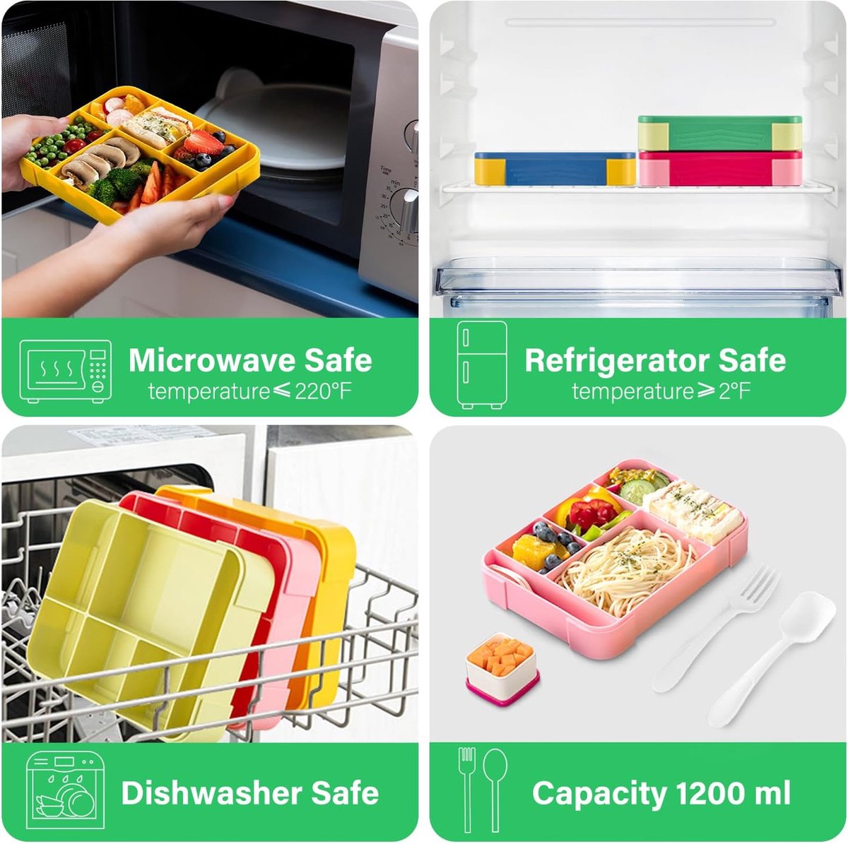 Lunchbox 1300 ml, lekvrij, broodtrommel voor kinderen met 5 vakken en bestekset, BPA-vrij, broodtrommel voor kinderen en volwassenen, geschikt voor magnetron en vaatwasser (groen)