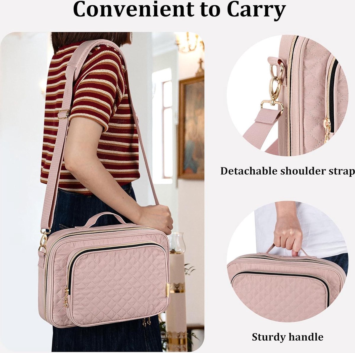 Bible Carrying Bag with Handle and Detachable Shoulder Strap - Stylish Large Size Bible Bag - Pink Color with Zipper - Modern Design Bible Cover