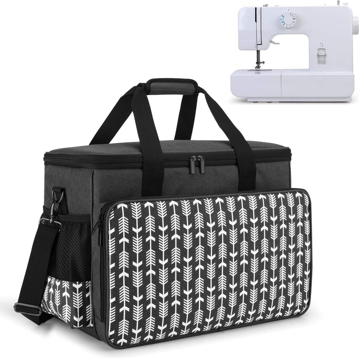 Sewing machine bag with wooden board, sewing machine carrying case, transport and storage bag is compatible with most common sewing machines and accessories, black with arrow pattern
