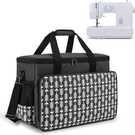 Sewing machine bag with wooden board, sewing machine carrying case, transport and storage bag is compatible with most common sewing machines and accessories, black with arrow pattern