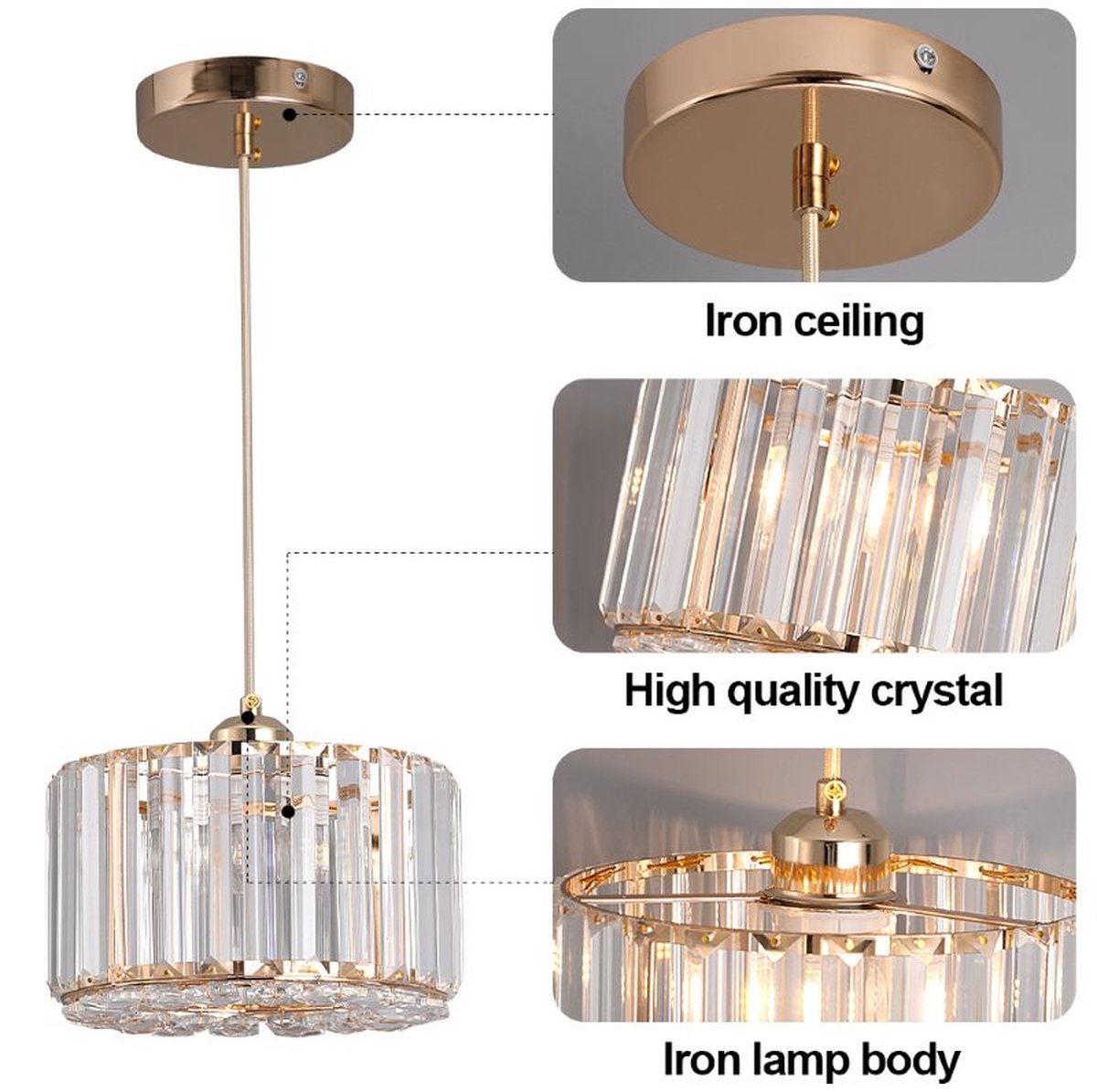 Modern Crystal Pendant Light - LED Crystal - Chandelier - Gold - 20 cm - Aisle or Hallway Lamp - Crystal LED Lamp - Ceiling Light