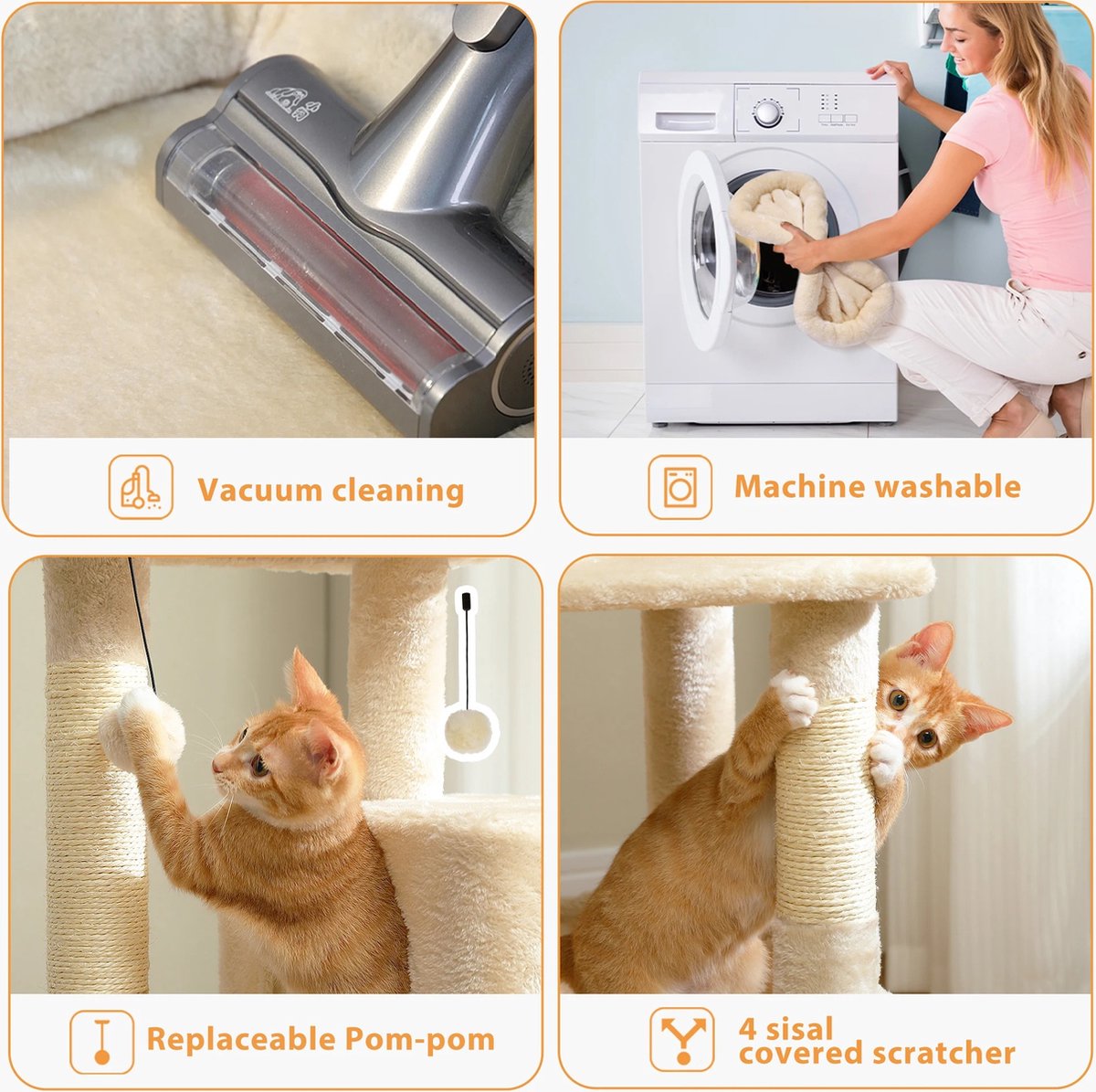 Luxe Krabpaal 116 cm hoog - middelgrote katten klimboom - Met 4 ligvlakken en holten - Met Hangmat - Comfortabel - zacht en stabiel - Crème