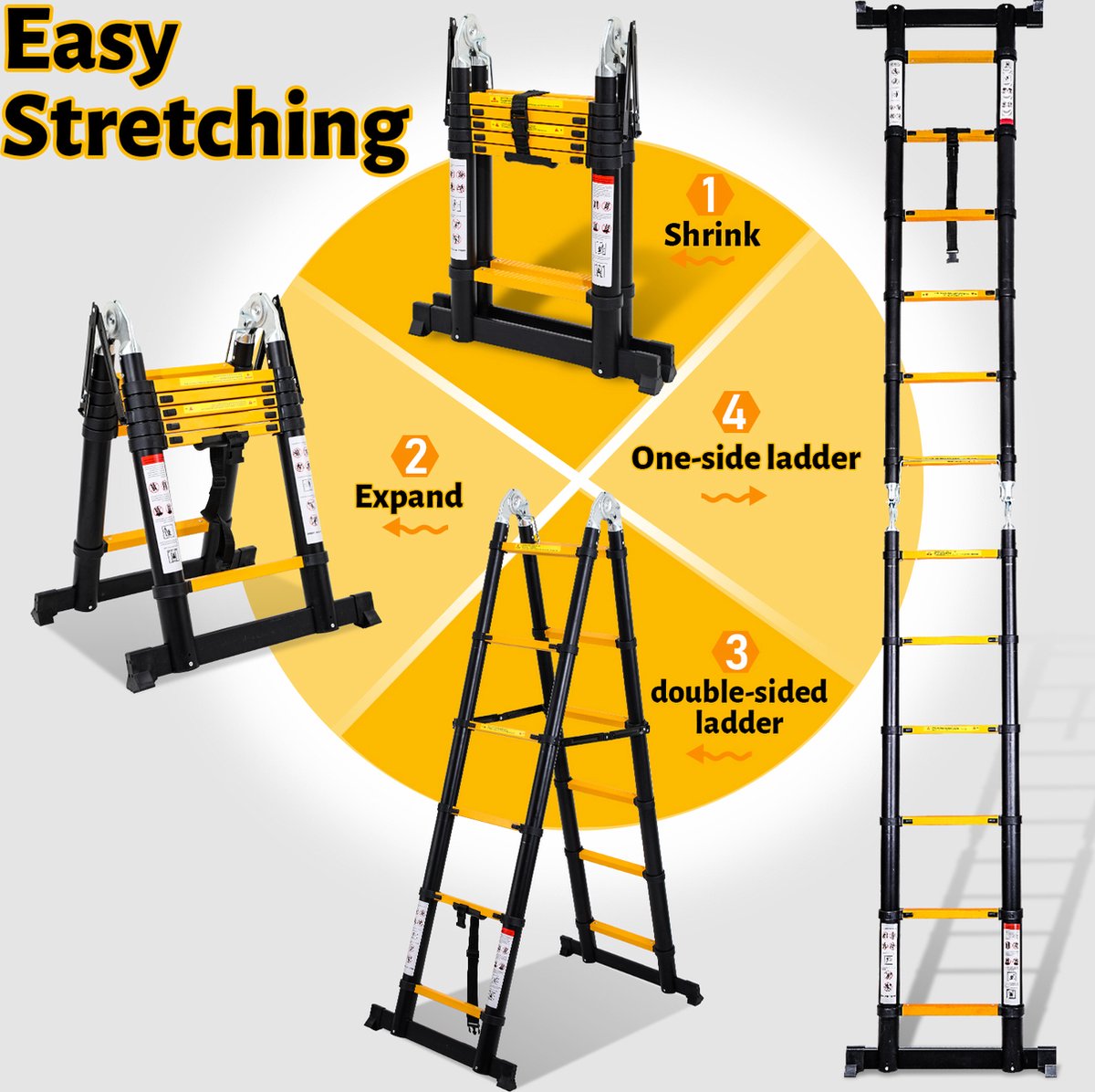 Telescopische vouwladder Telescopische ladders Werkhoogte 1,9+1,9 m - Geelachtig zwart met stabilisator