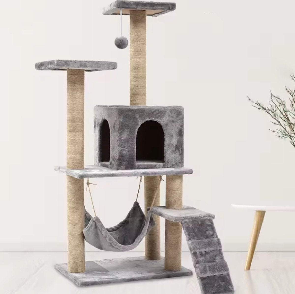 Krabpaal Adventure 140cm grijs - Cats&Co Krabpaal - Krabpaal voor Grote Katten - Kattenboom met Hangmat - Kattenpaal