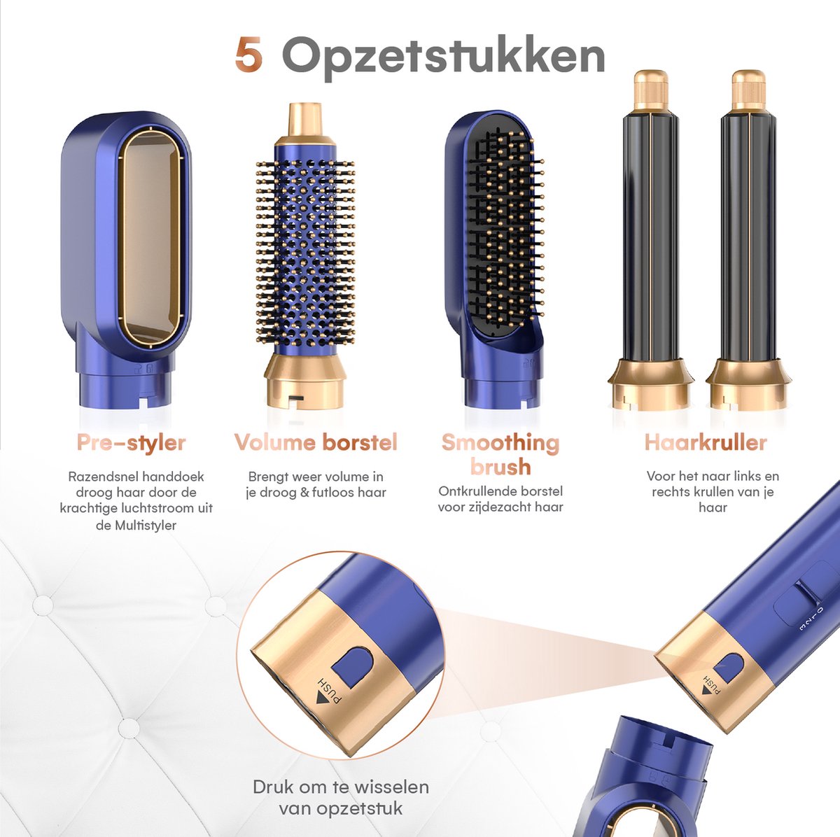 VENEUX® Föhnborstel - Airstyler - Krulborstel - Krultangen - 5 in 1 Multistyler – Blauw Met Goud - 2025 Editie