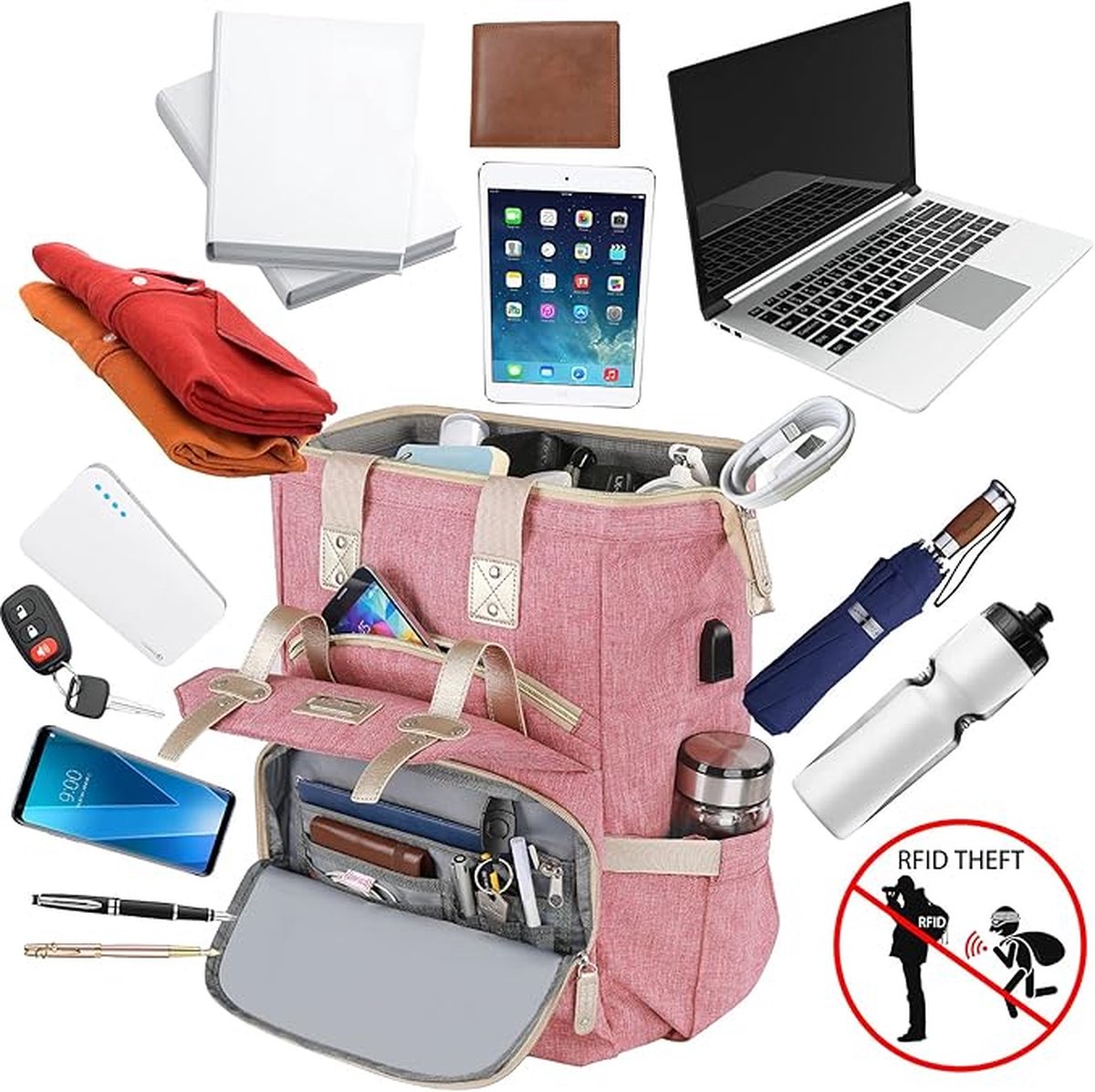 Dameslaptoprugzak, 15,6 inch computerwerkrugzak met USB-poort en RFID-blokkerende zakken, reisrugzakken voor dames, waterdichte schooldagrugzak