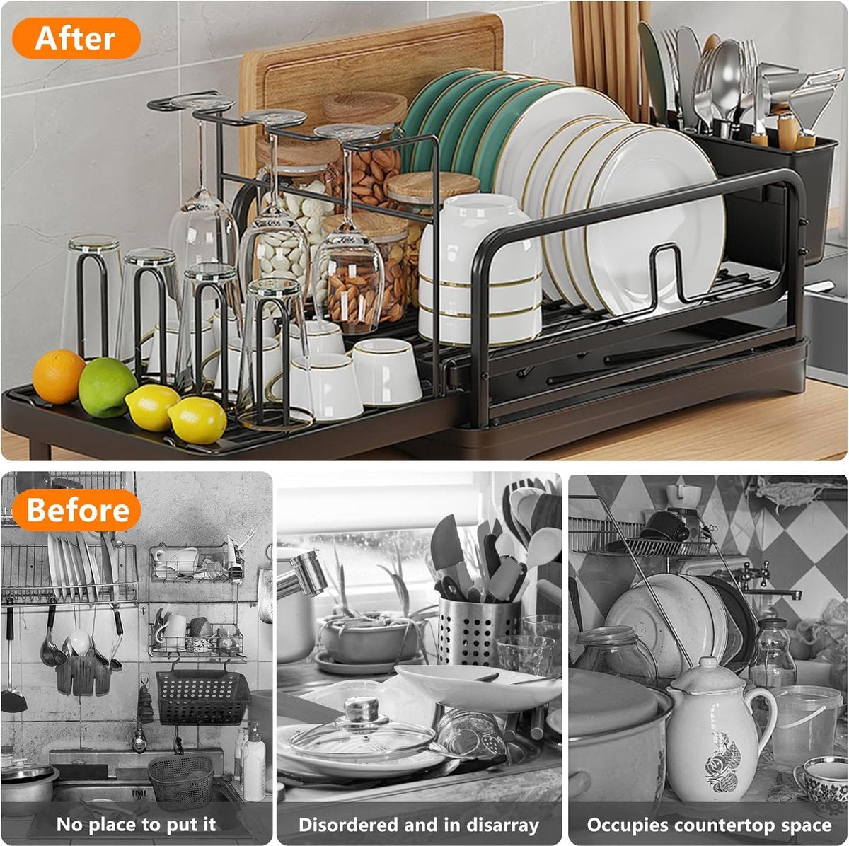 Stainless Steel Kitchen Organizer with Extendable Drying Rack and Cutlery Holder