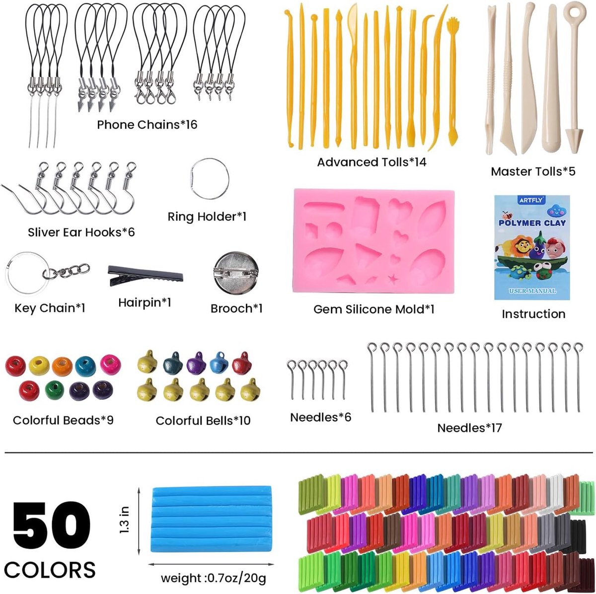 Oven Bake Modeling Clay Polymeerklei, 50 kleuren, creatieve polymeerklei kit met boetseergereedschap en sieradenaccessoires, niet giftig, ideaal doe-het-zelf kleigeschenken voor volwassenen en
