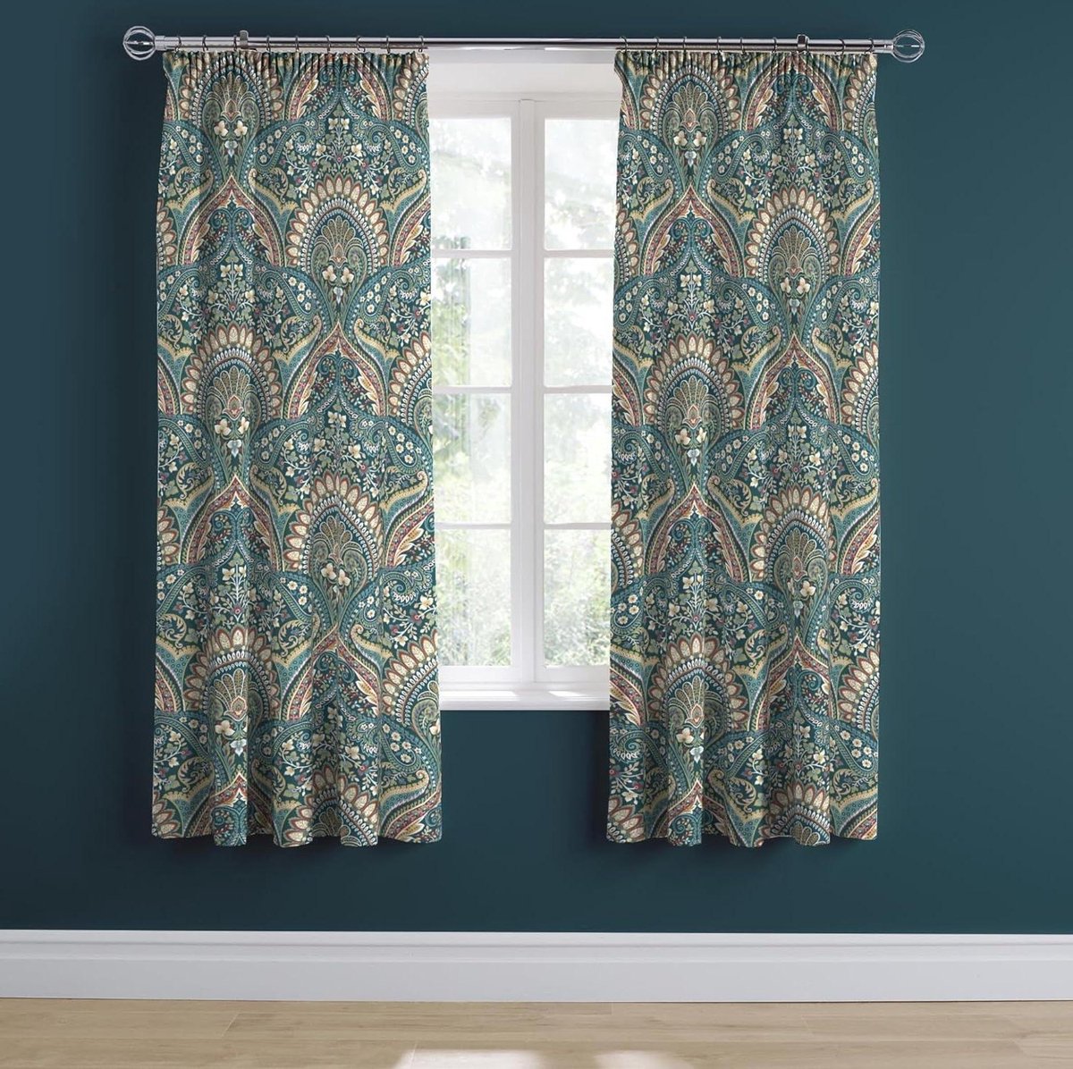 Green Blue Jacobean Curtains - W 66 x L 72 (168 x 183cm) - 2x Tie Backs - Floral - Exotic Pleated Curtains - Moroccan Bohemian - Blue Blue Damask Curtains