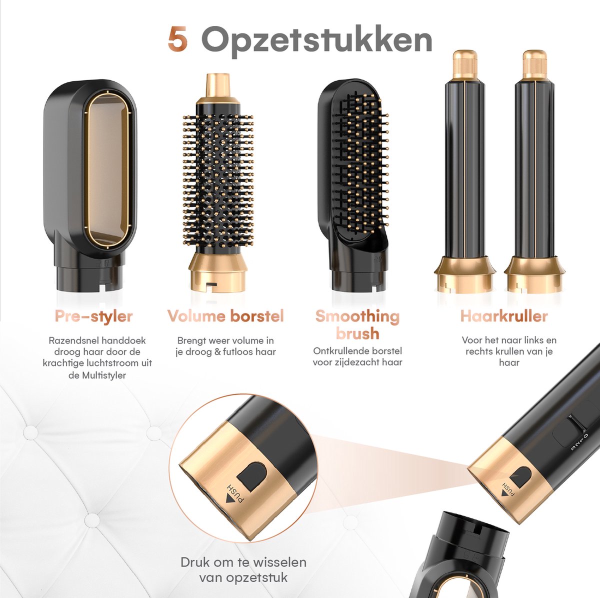 VENEUX® Föhnborstel - Airstyler - Krulborstel - Krultangen - 5-in-1 Multistyler - Met Opbergcase - Zwart Met Goud