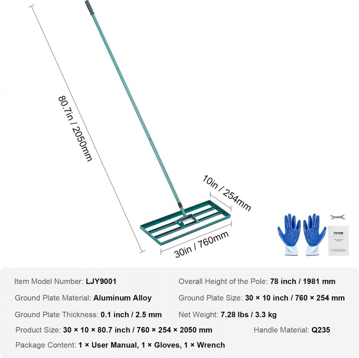 Grashark 760x254 mm Grondplaat Egaliseergereedschap Aluminiumlegering en Q235 Staal Egaliseerhark 1981 mm Stang Grondplaat Golfgras Egaliseergereedschap voor het egaliseren van Zand Aarde Compost en Mos