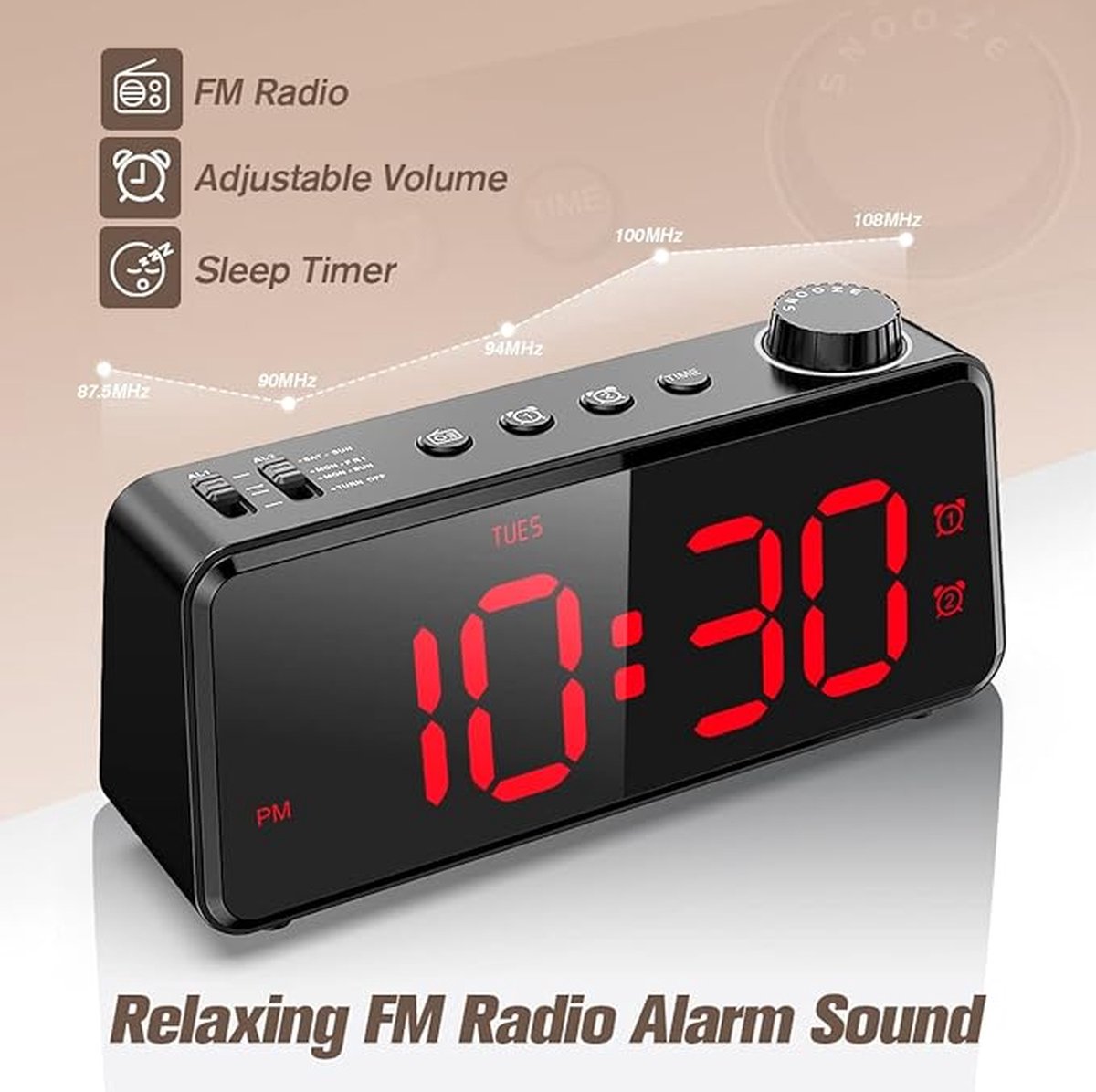 Digital alarm clock with radio, dimmable LED display, mains power with battery backup, dual alarm with weekday or weekend, USB charging station, easy-to-read red numbers for seniors