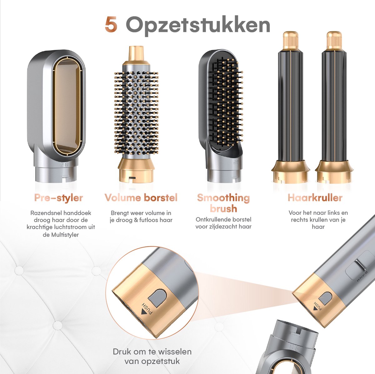 VENEUX® Föhnborstel - Airstyler - Krulborstel - Krultangen - 5 in 1 Multistyler – Grijs Met Goud