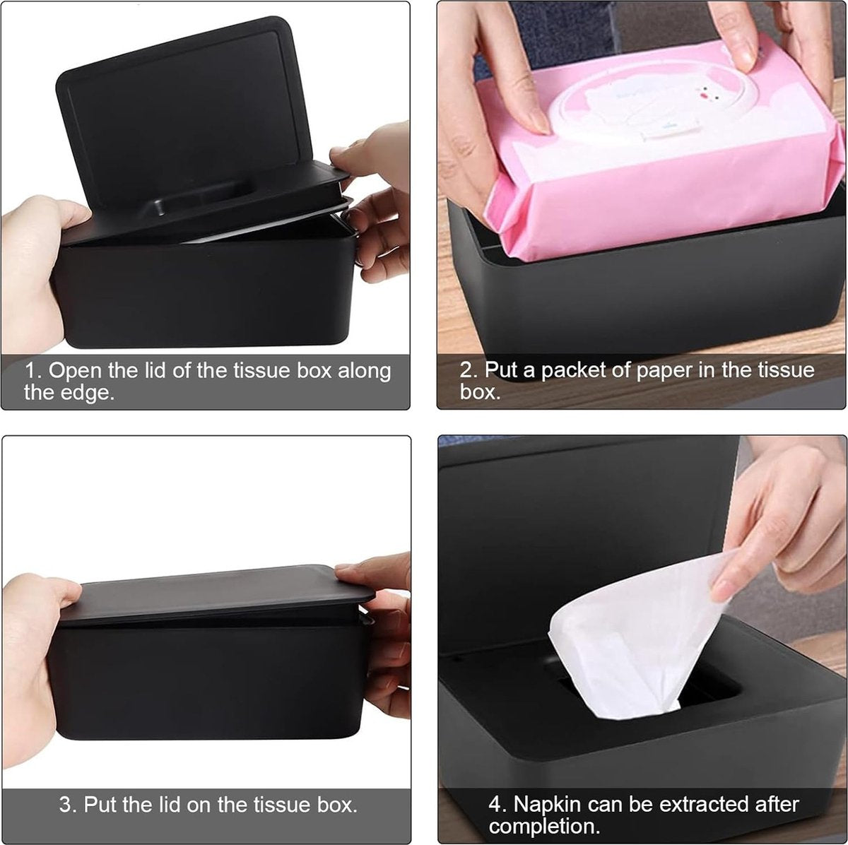 Babydoekjesdoos zwart, zakjes voor vochtige doekjes, plastic servetdoosje, tissue opbergdoosje, doos voor nat toiletpapier met deksel, plastic natte doekjesdispenser voor thuiskantoor