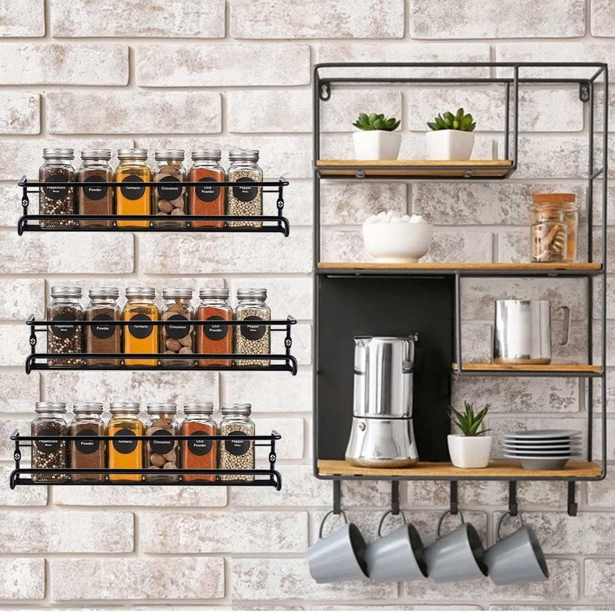 Metal black spice rack - hanging without drilling - wall kitchen rack for kitchen spices - 29 x 65 cm hangable spice rack