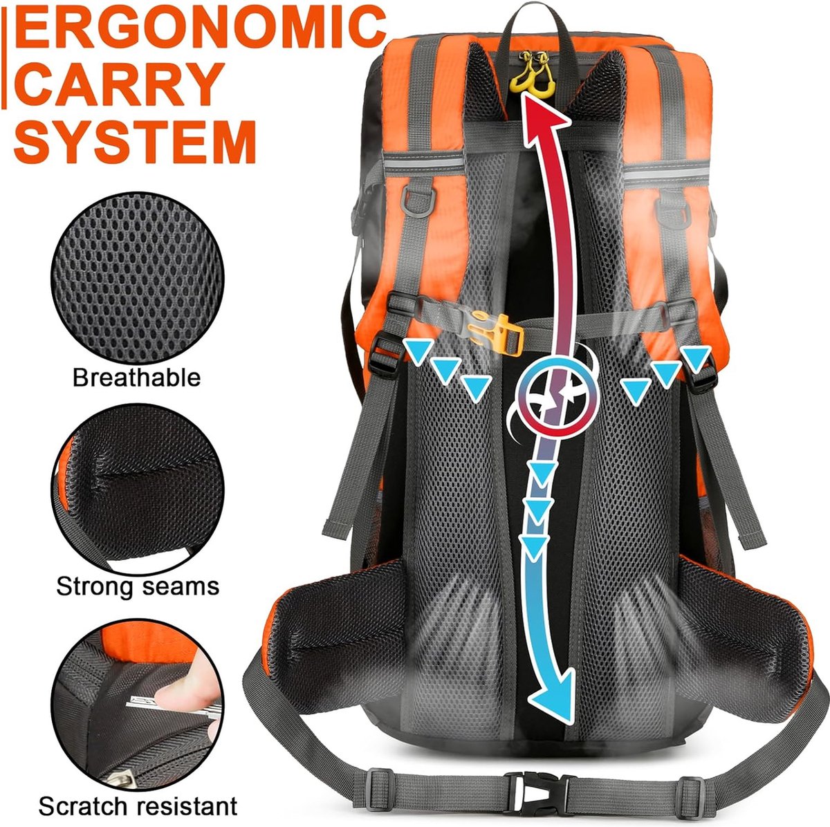 Hiking Backpack, 50L, Trekking Rucksack, Rain Cover, Travel Backpack, Waterproof Camping Backpack for Hiking, Camping, Climbing, Travel, Sports, Men and Women