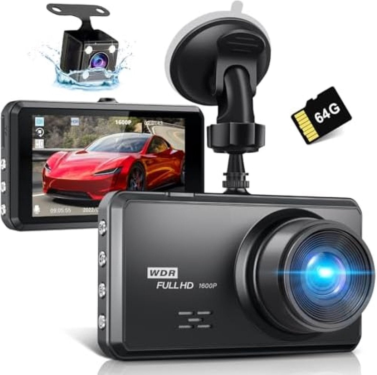 2.5K Dashcam voor in de auto, voor en achter, 64G SD-kaart, 1600P + 1080p FHD Dual Dashcam, 3,2 inch IPS-scherm, autocamera, 176° + 160° groothoek, G-sensor, nachtzicht, WDR