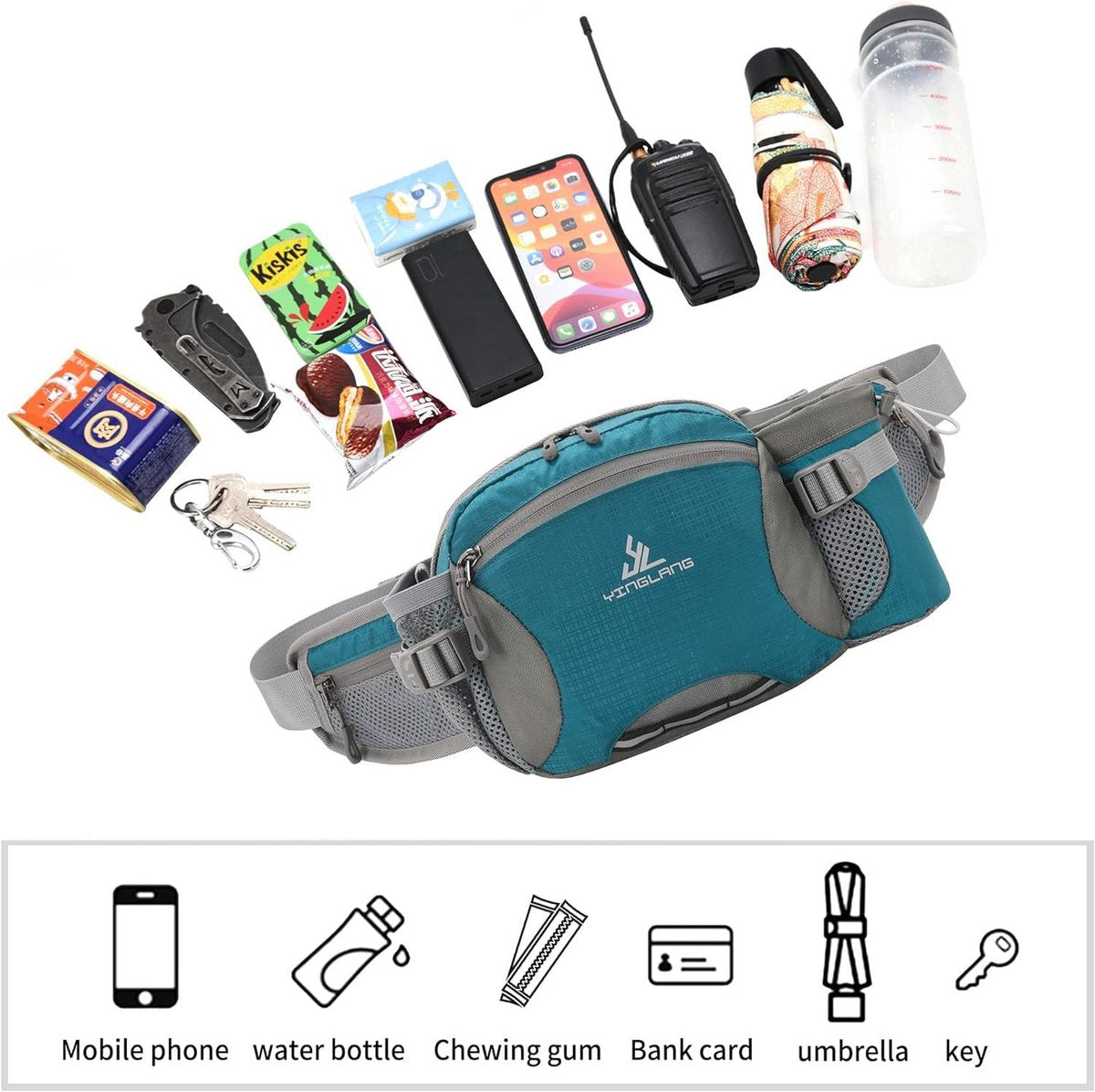 Waterproof hip bag with water bottle holder - large capacity - dog walking - travel - sport - Blue L