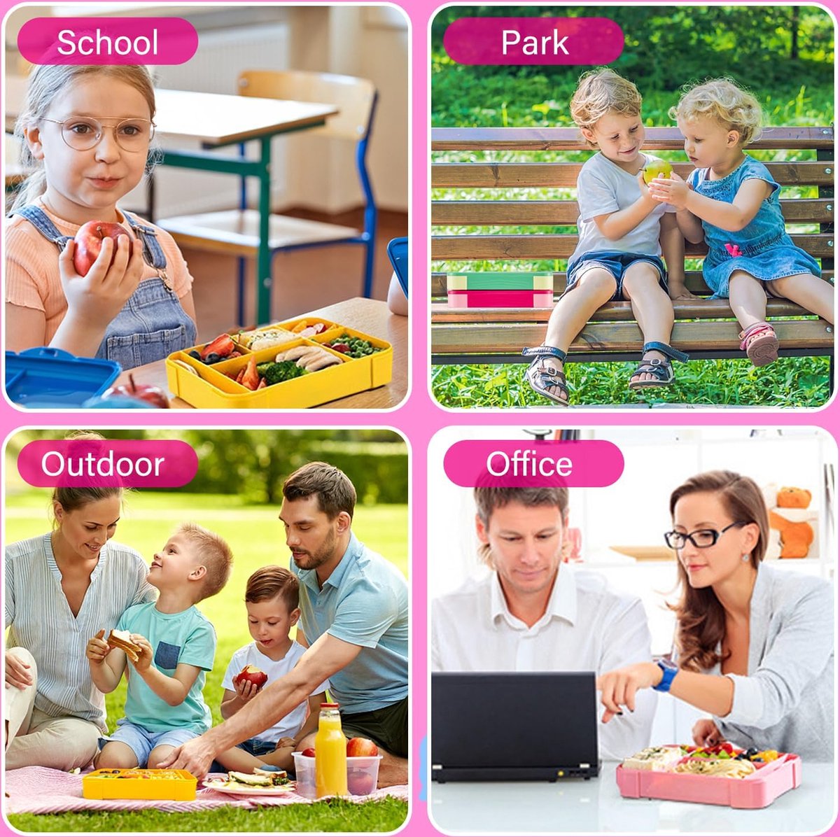 Lunchbox, 1300 ml, lekvrij, broodtrommel voor kinderen met 5 vakken en bestekset, BPA-vrije lunchbox, broodtrommel voor kinderen en volwassenen, voor magnetron, vaatwasser (roze)