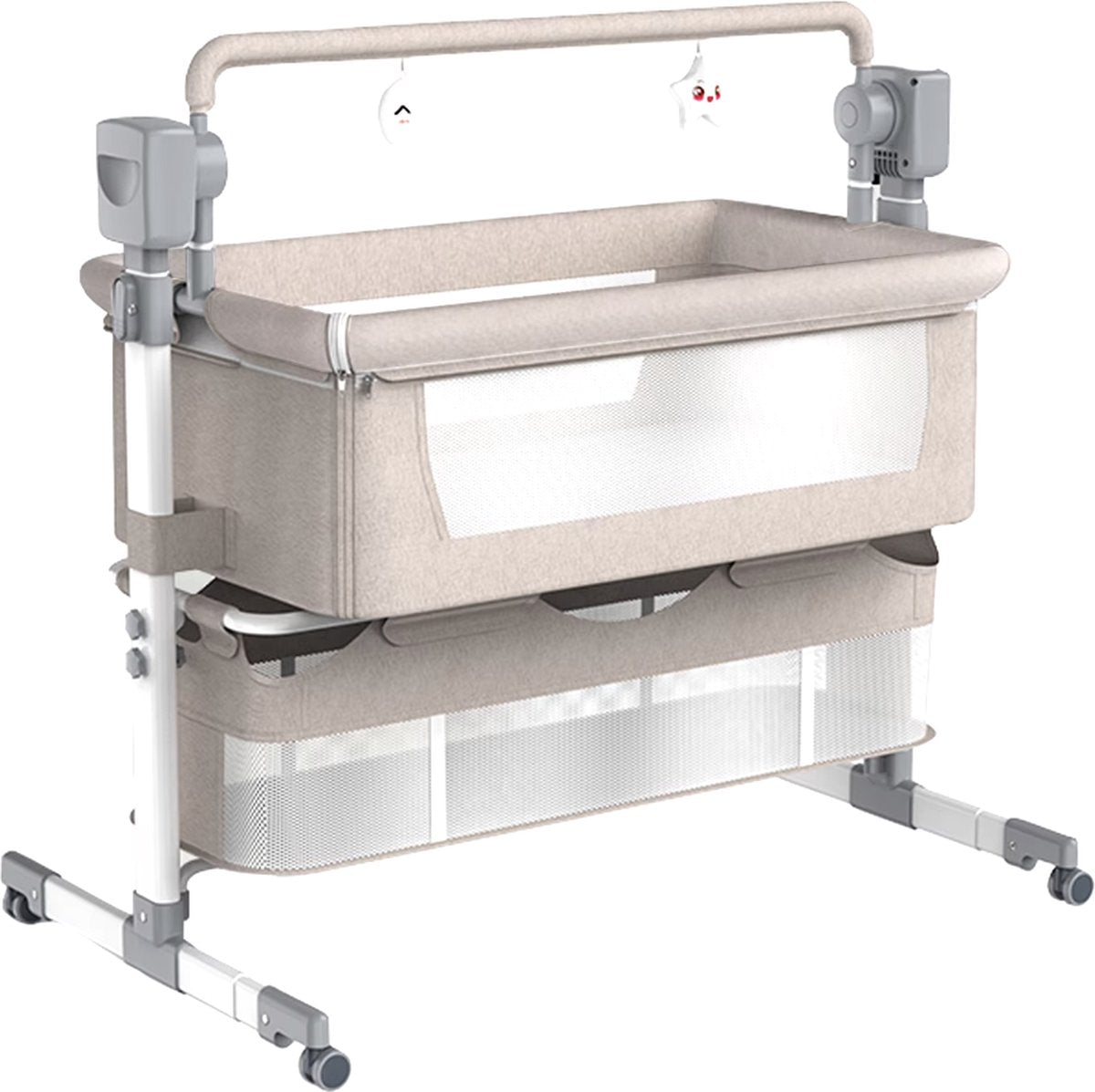 J&R Babybed - Elektrisch babybed - Wieg - Babybedje - Ledikant - Bluetooth - Verplaatsbaar - Draagbaar - Klamboe - Bruin/Khaki