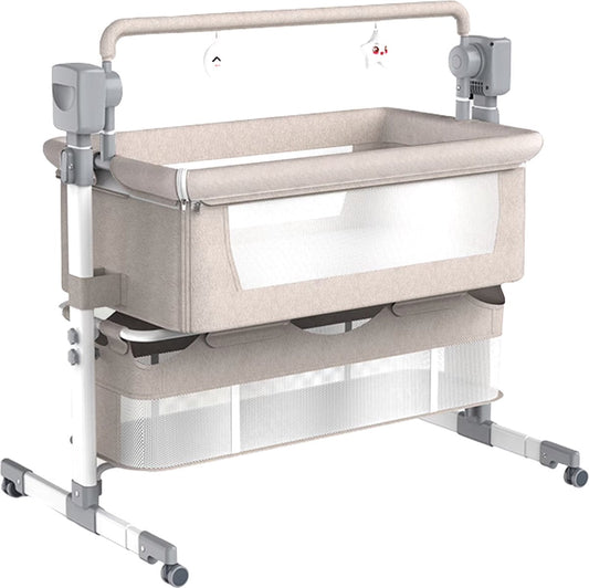 J&R Babybed - Elektrisch babybed - Wieg - Babybedje - Ledikant - Bluetooth - Verplaatsbaar - Draagbaar - Klamboe - Bruin/Khaki