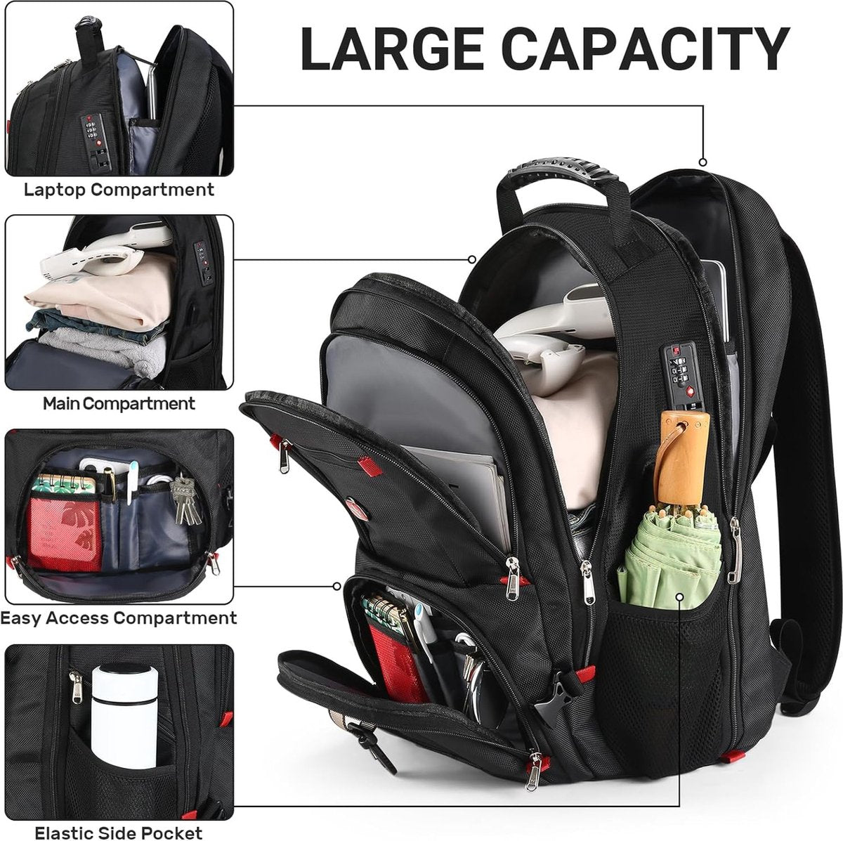 Rugzak voor heren, 17 inch laptop, schoolrugzak, werkrugzak, reisrugzak, waterdichte werktas, zakelijke reisrugzak mannen, grote schooltas voor werk, universiteit, reizen, school, zwart
