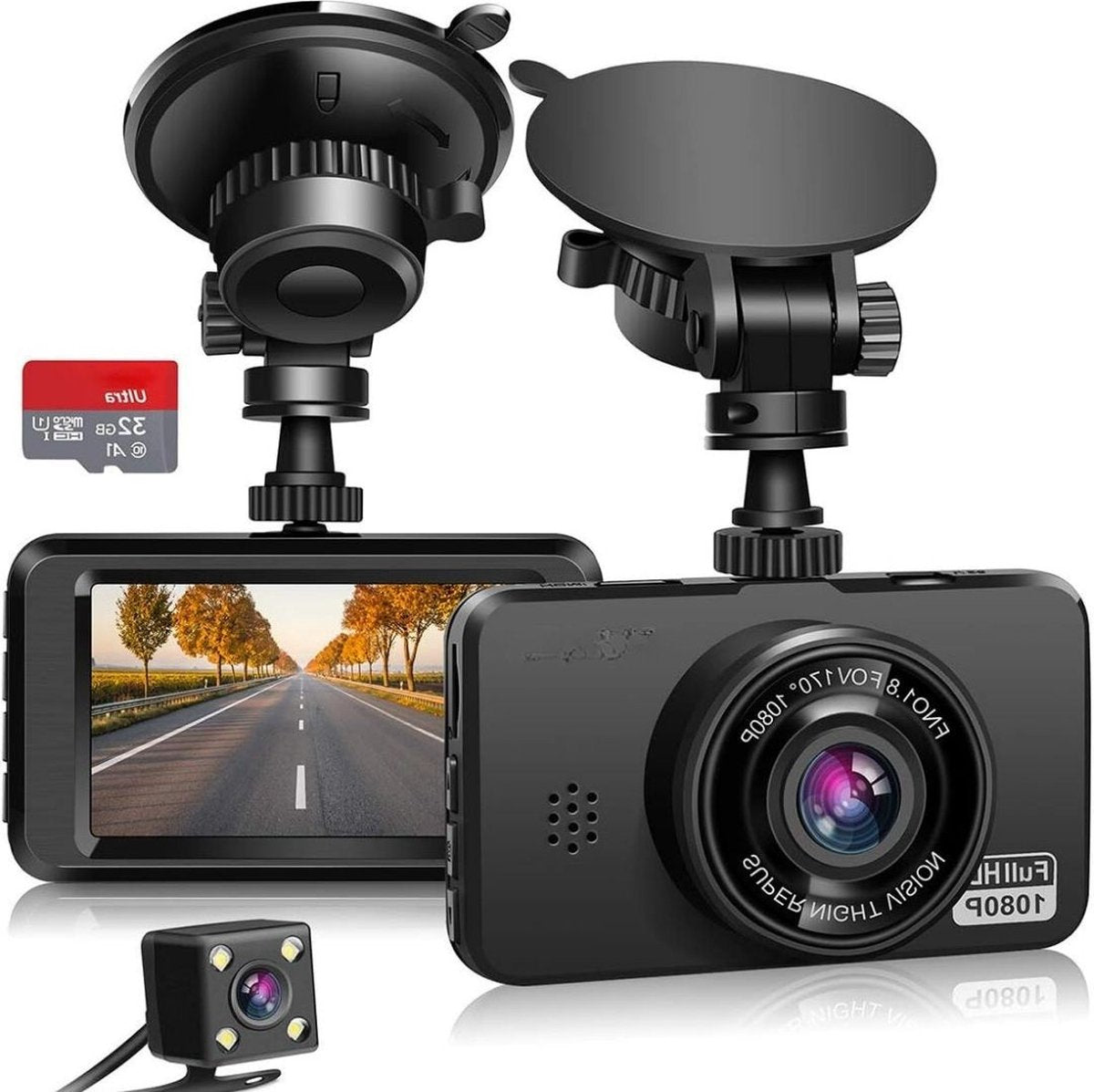 Dual Dashcam - Dashcam voor auto 1080p Full HD - Voor- en achtercamera incl. 32GB SD-kaart – Autocamera - Met loopopname en G-sensor – LCD-scherm