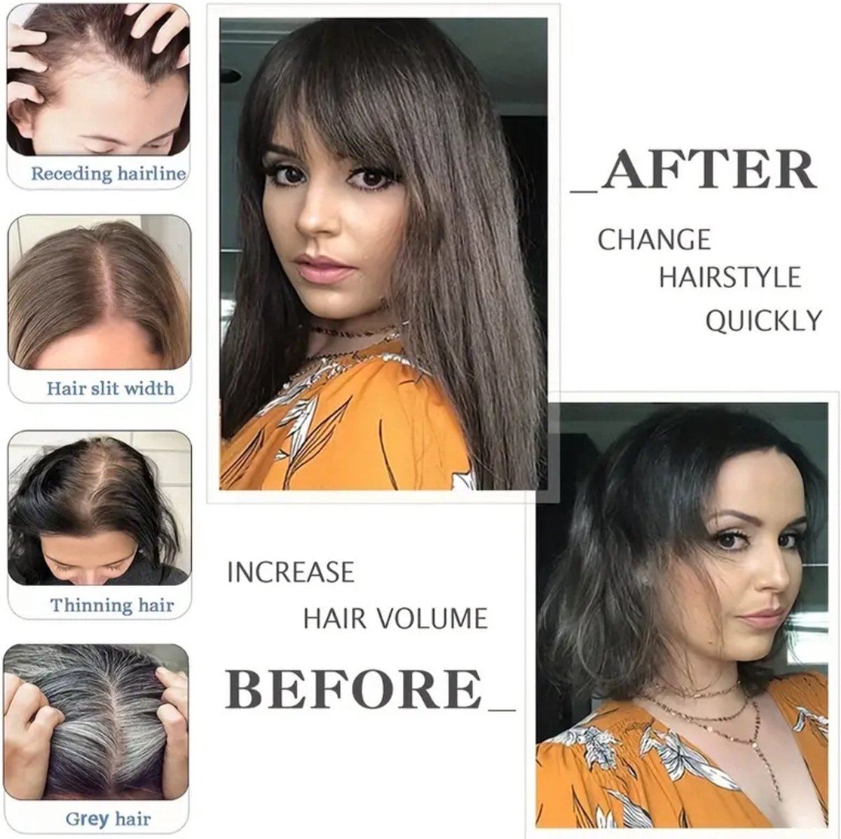 100% Echthaar Extensions Pruik zur Abdeckung von grauem Haar oder Glatzen oder für mehr Volumen. Schwarzer Haartopper mit Pony