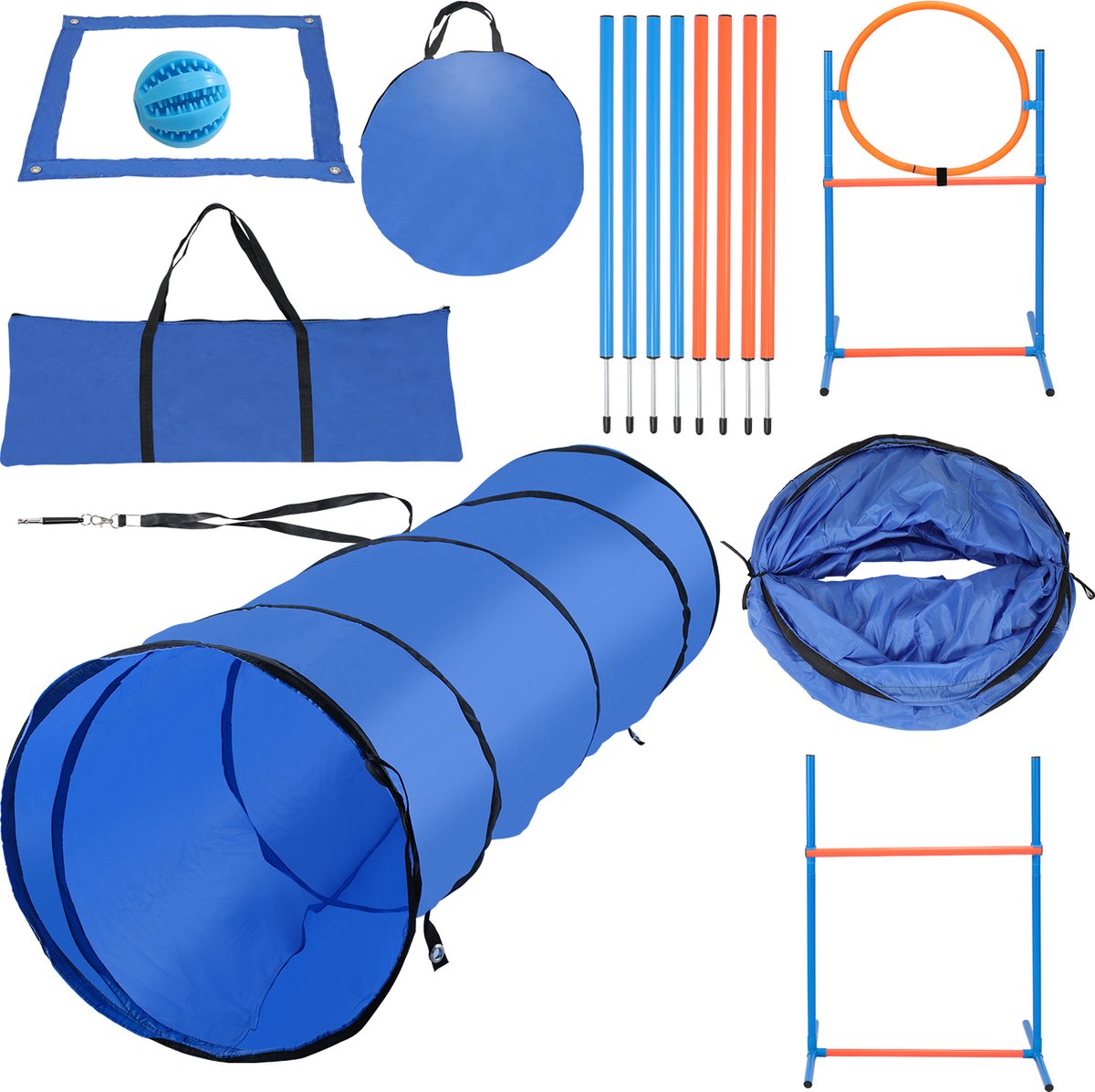 Dog Agility Set - Agility Equipment 16 pieces - Dog Tunnel - Slalom Poles - Hurdle - Jump Ring - Carry Bag