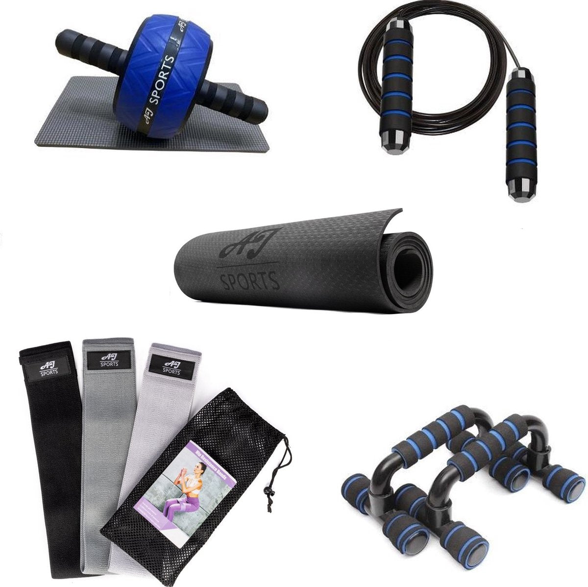AJ-Sports Workout set Deluxe - Fitness set - Set van 5 producten - Ab wheel / Opdruksteunen / Weerstandsbanden / Fitnessmat / Springtouw - Workout - Sporten - Fitness - Sportartikelen voor thuis - Thuis sporten